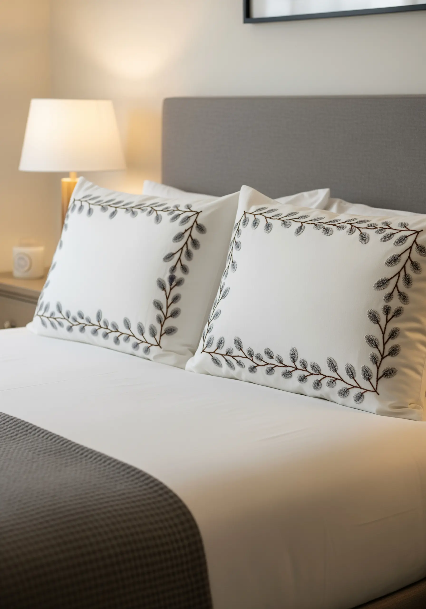 White pillowcases with an elegant, repeating leaf border stitched in a single dark neutral thread.