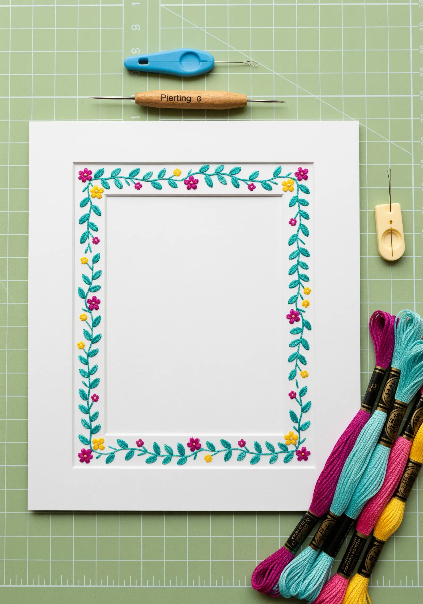 Embroidered floral border with lazy daisy stitches on a white picture mat.