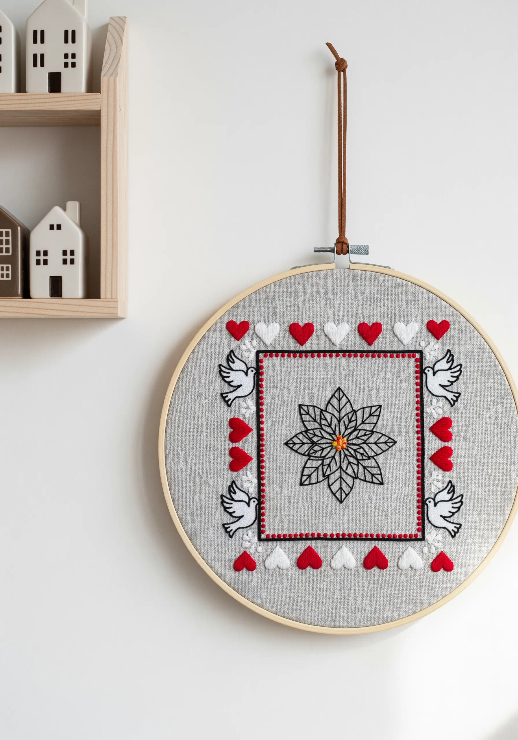 Folk-art inspired hoop art with a central poinsettia framed by stitched hearts and doves.