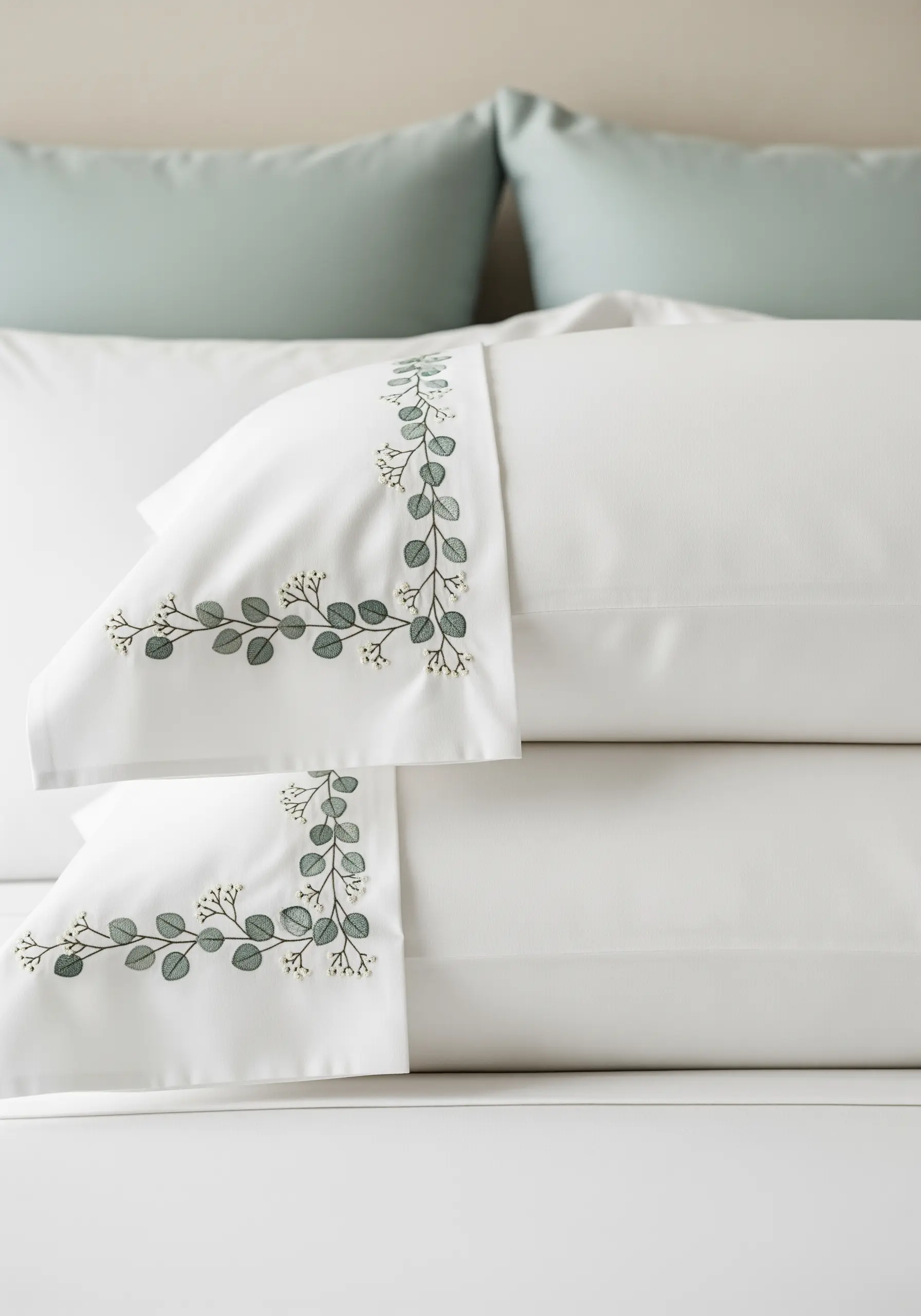A delicate border of embroidered eucalyptus leaves and buds on a crisp white pillowcase.