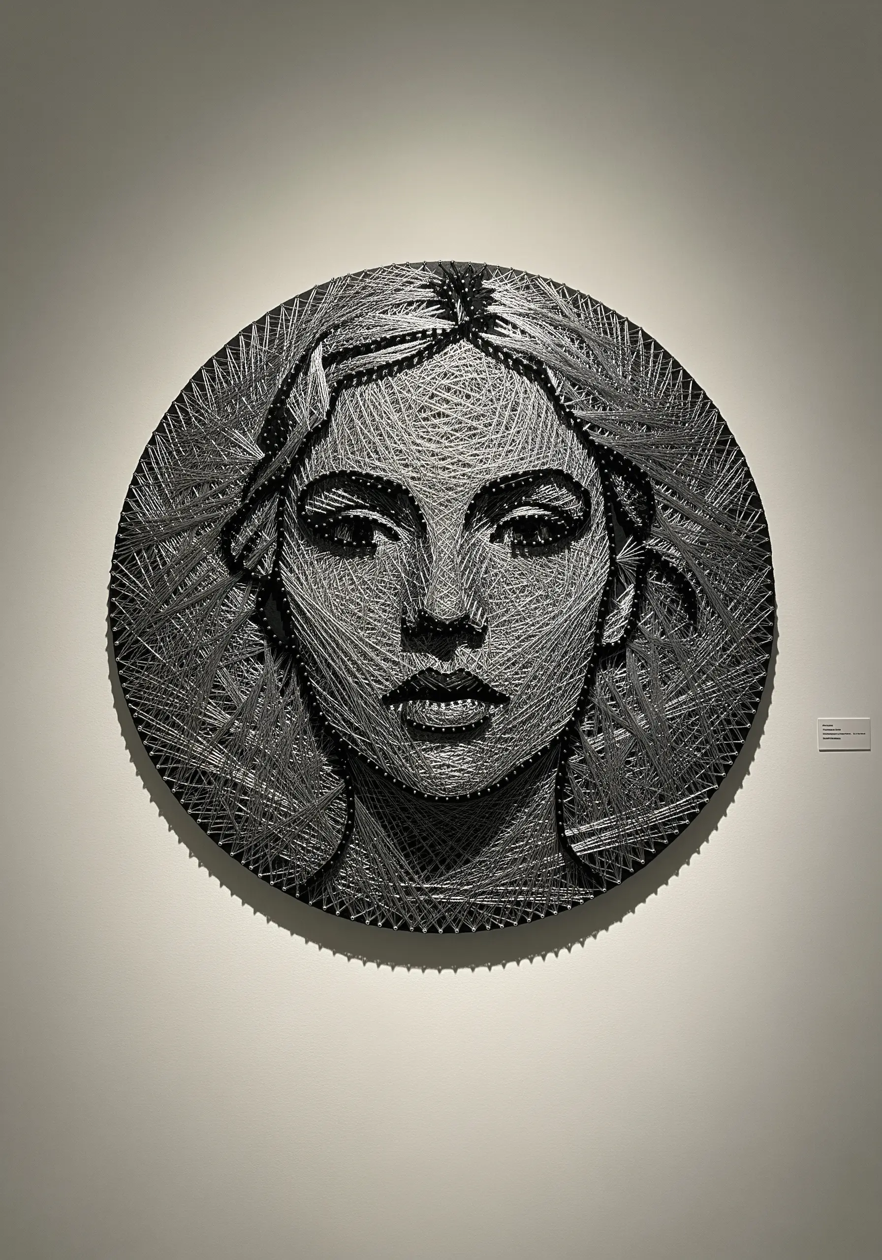 Monochrome string art portrait of a woman on a round black board, creating a focused effect.