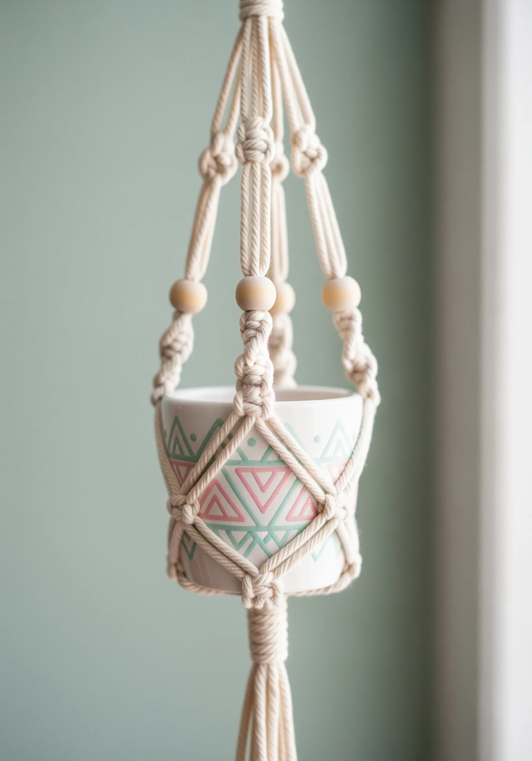 A macrame plant hanger with square knots and wooden beads holding a patterned ceramic pot.