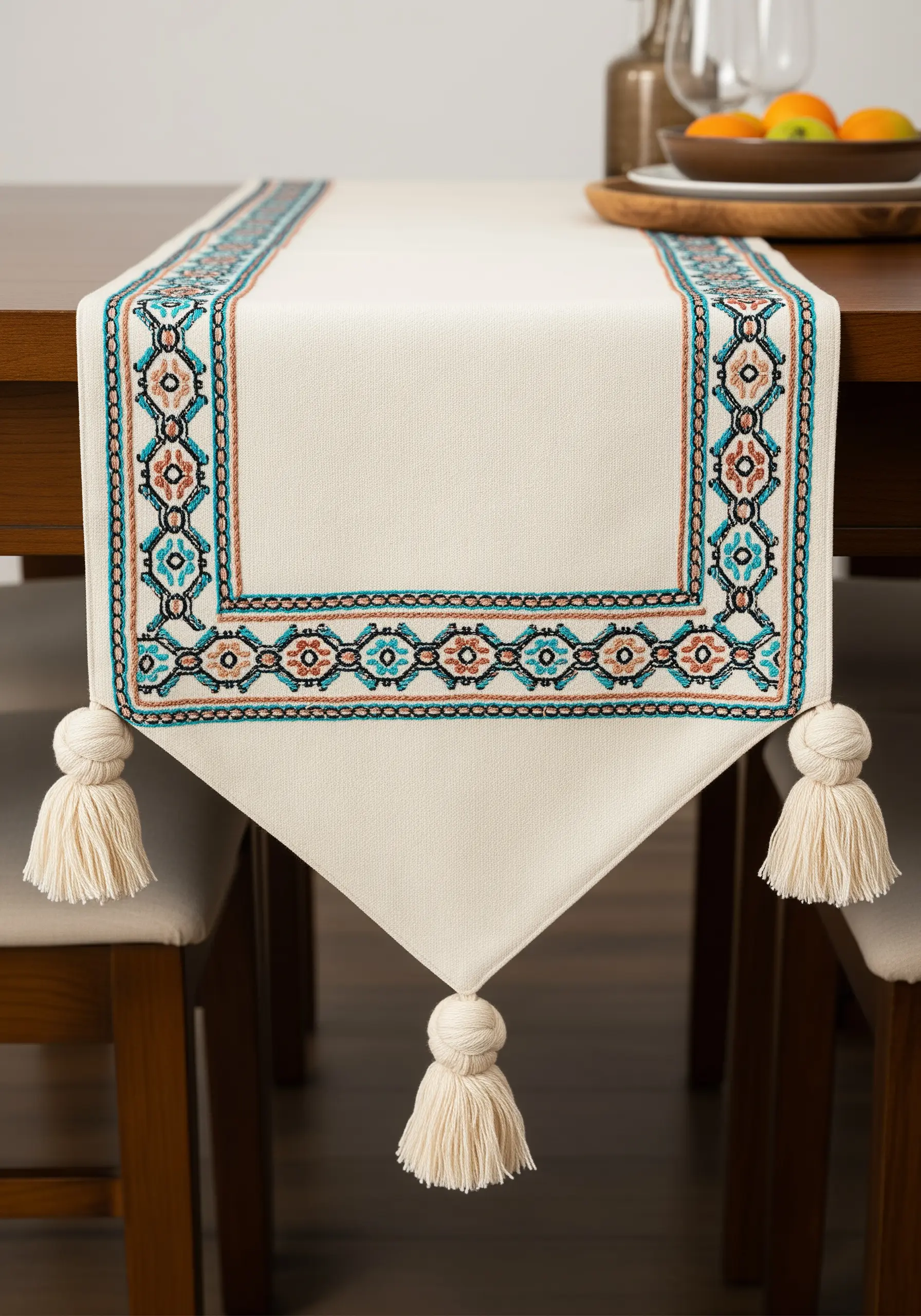 A table runner with a detailed geometric border in turquoise and brown, finished with tassels.