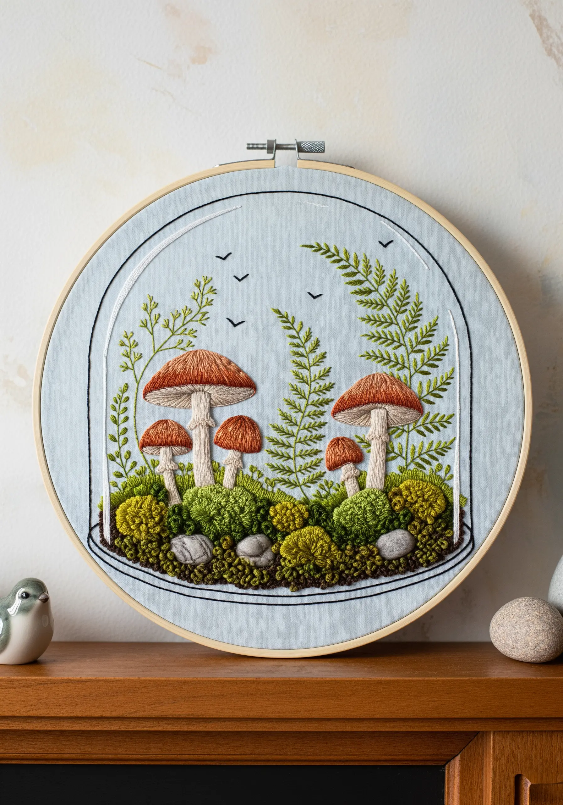 A forest scene with mushrooms and ferns embroidered inside the outline of a glass terrarium.