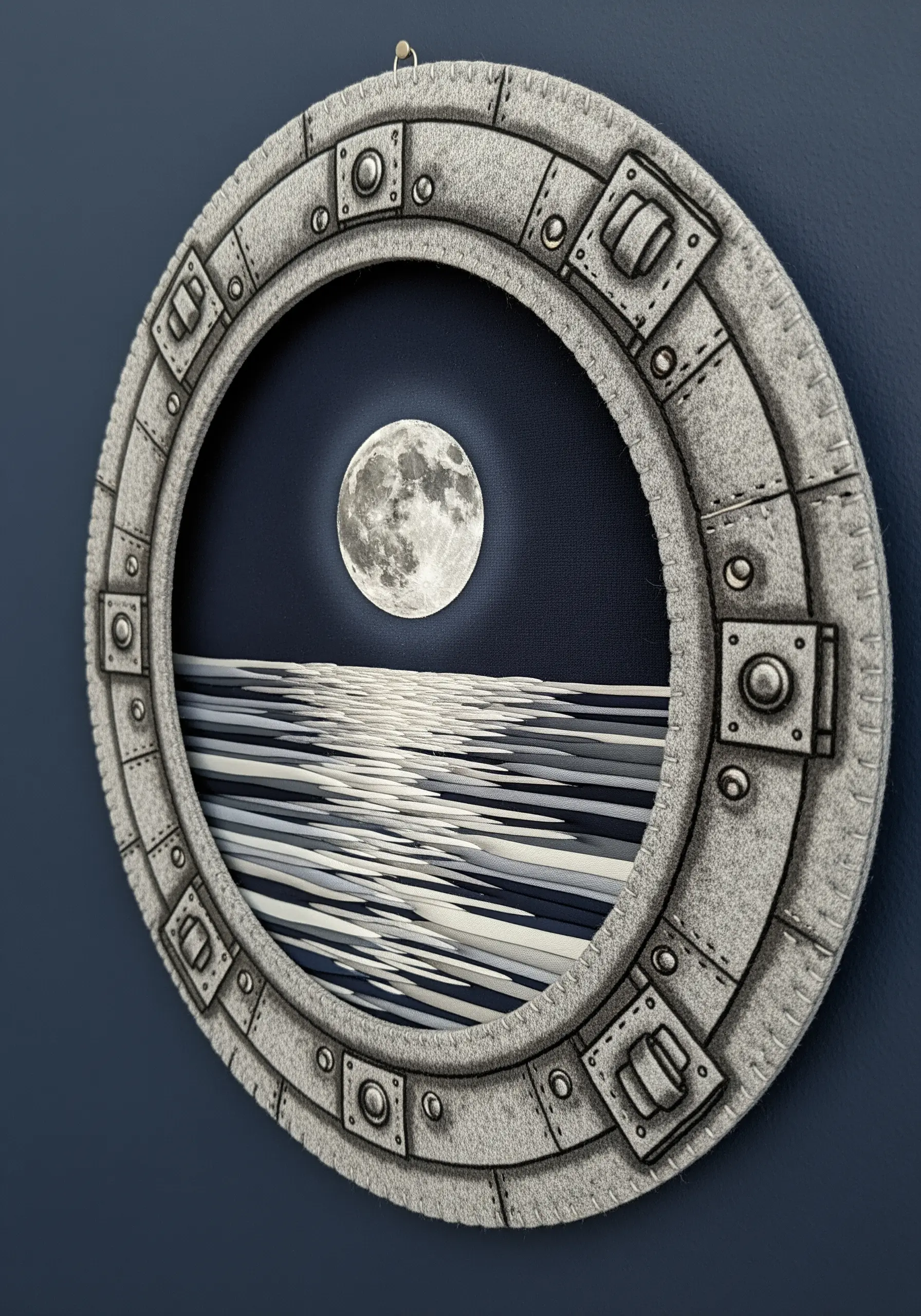 A 3D fabric art piece of a ship's porthole made from felt, looking out onto a moonlit sea.