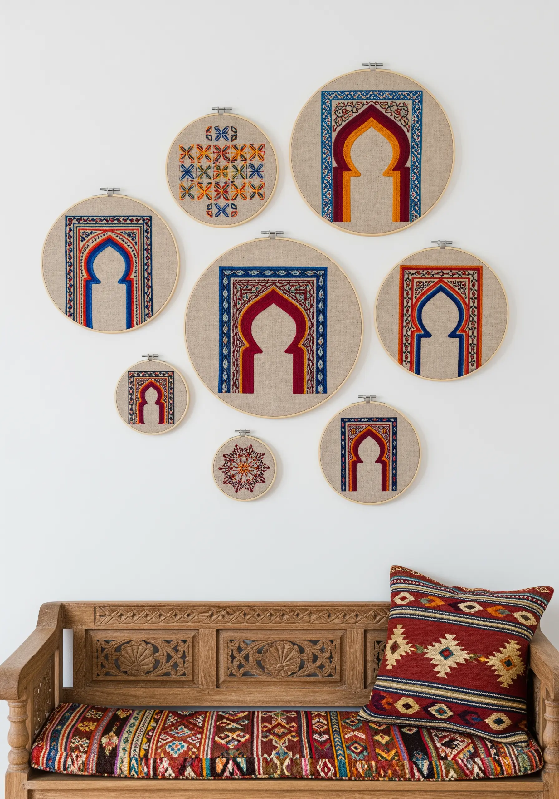 A collection of embroidery hoops featuring colorful Moroccan-style arches and geometric patterns.