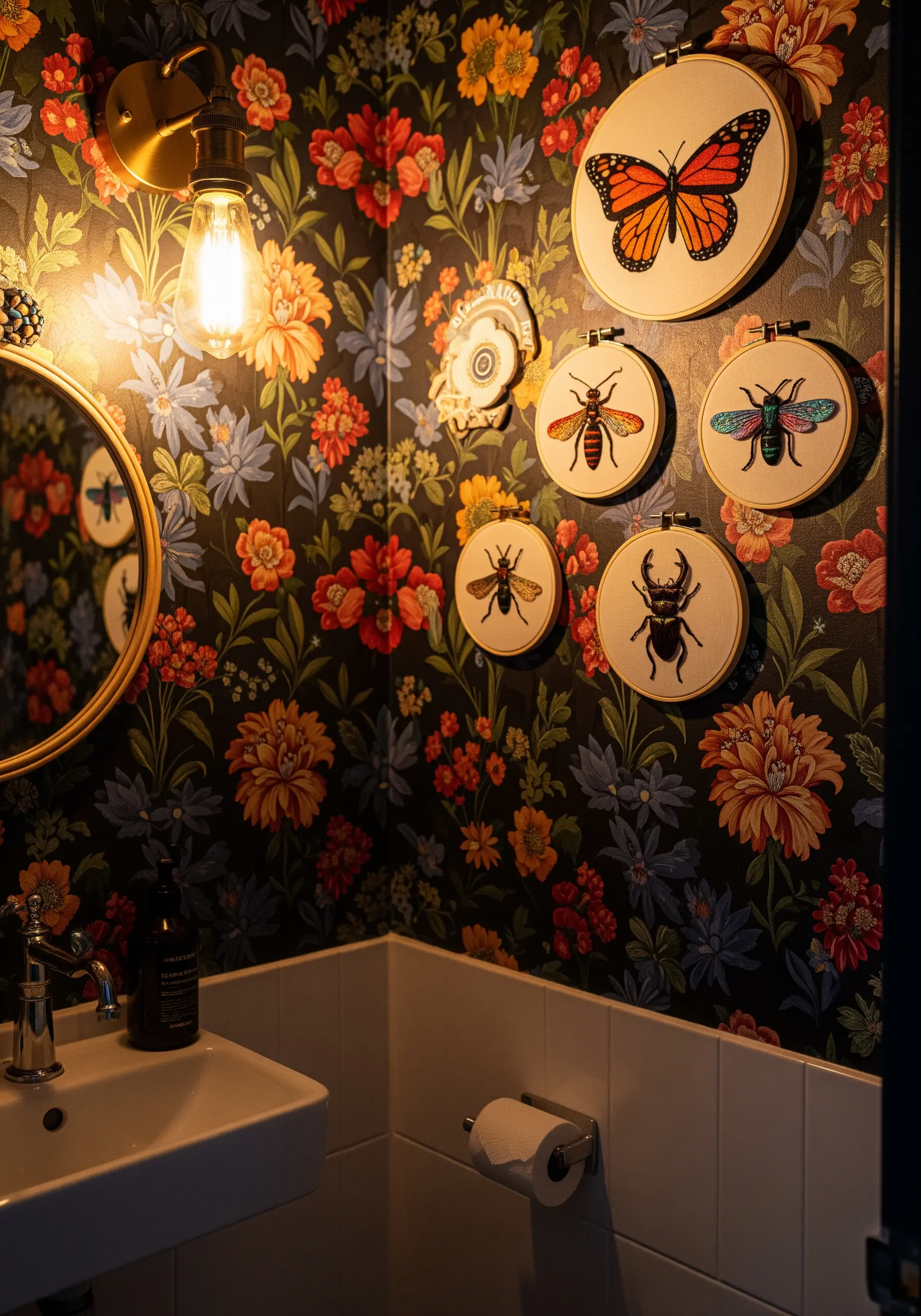 Embroidered insects in hoops displayed on a wall with dark, busy floral wallpaper.