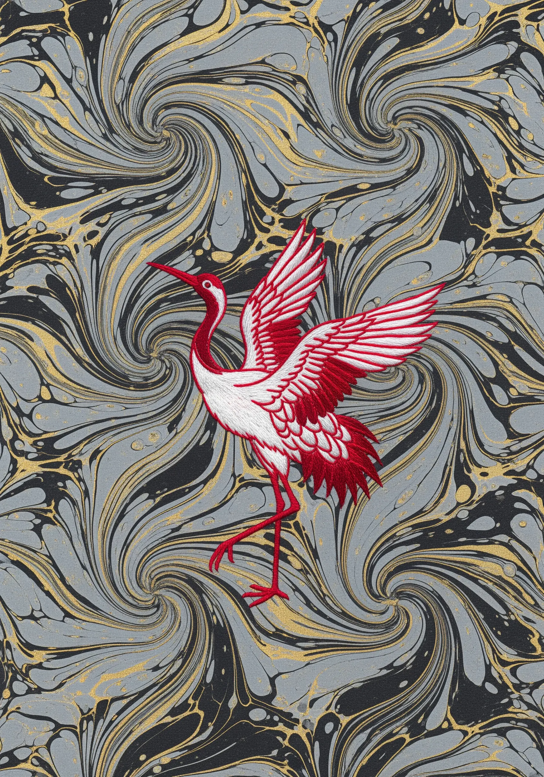 A red and white embroidered crane against a swirling black, grey, and gold marbled paper.