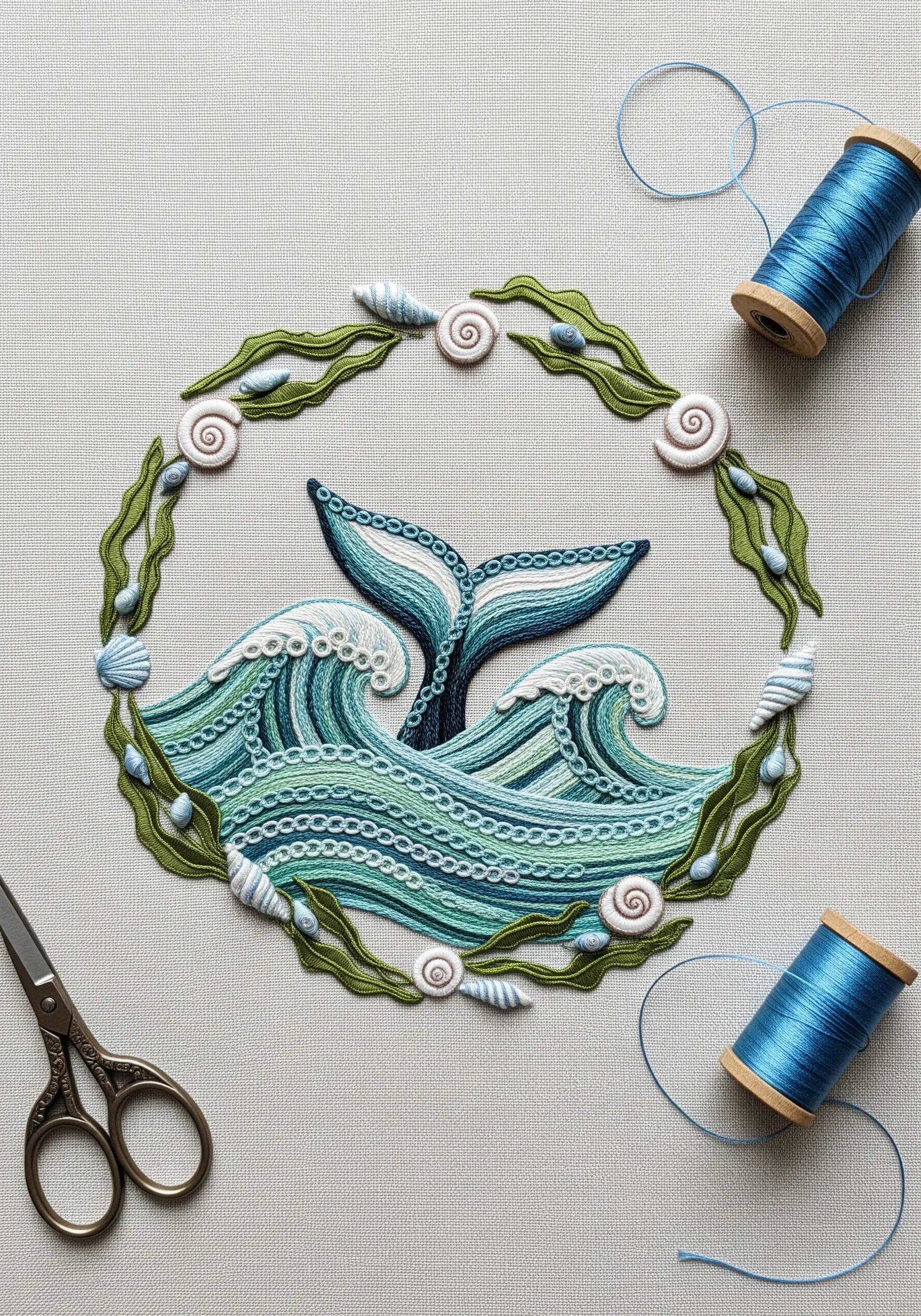 Whale tail surrounded by an intricate wreath of embroidered waves, seaweed, and shells.
