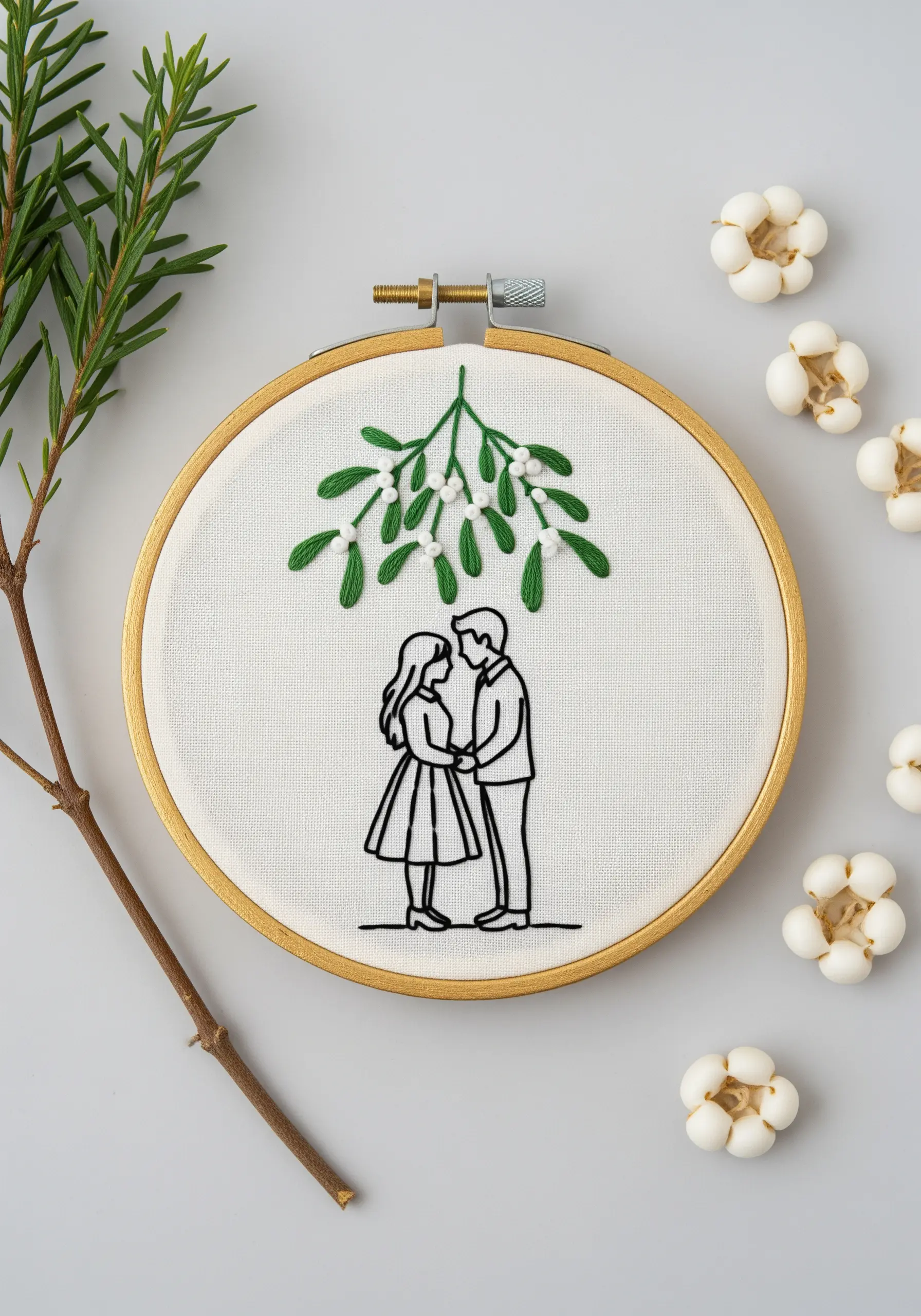 A couple holding hands under a sprig of embroidered mistletoe with green leaves and white berries.