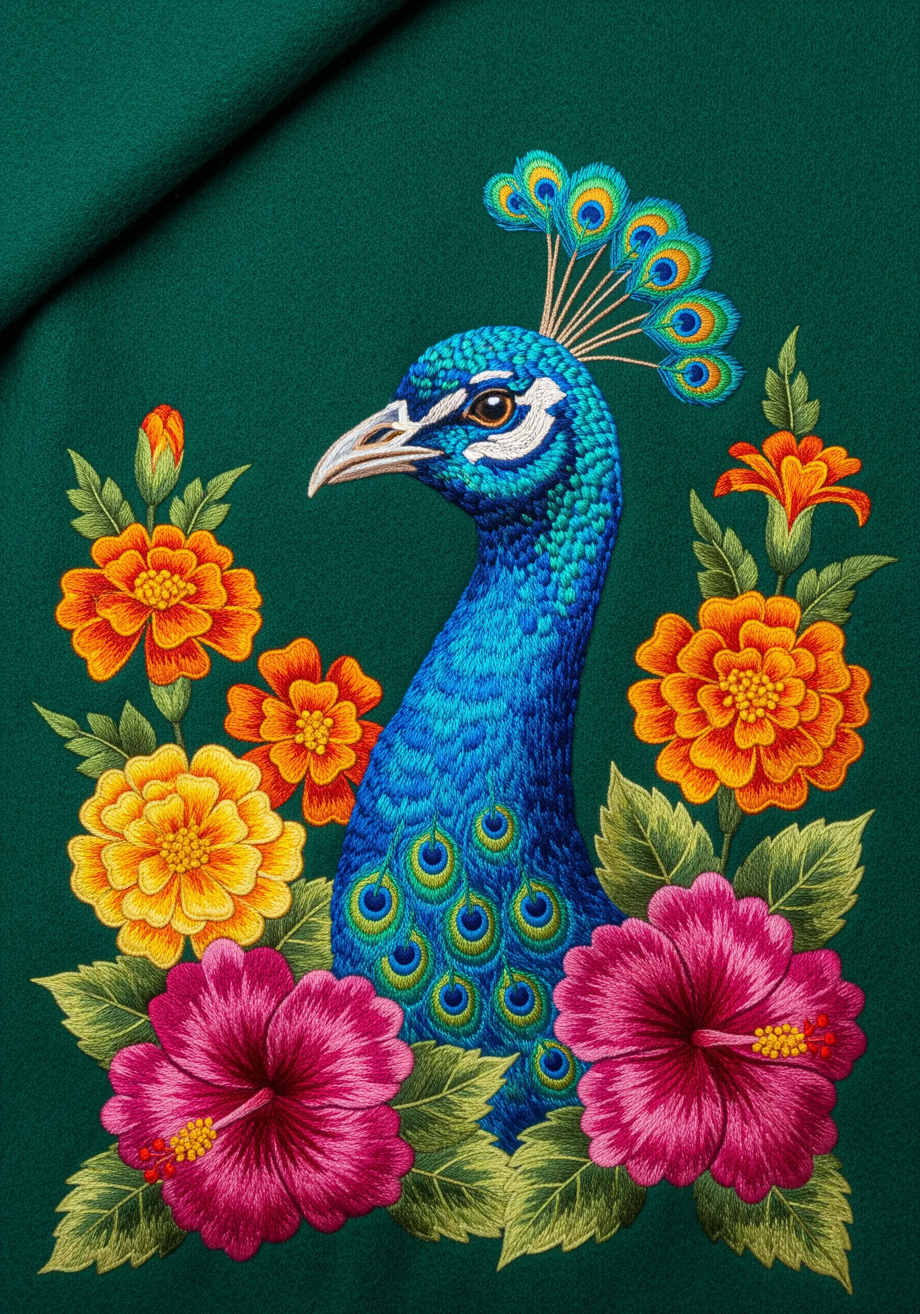 Realistic peacock portrait surrounded by vibrant embroidered hibiscus and marigold flowers.