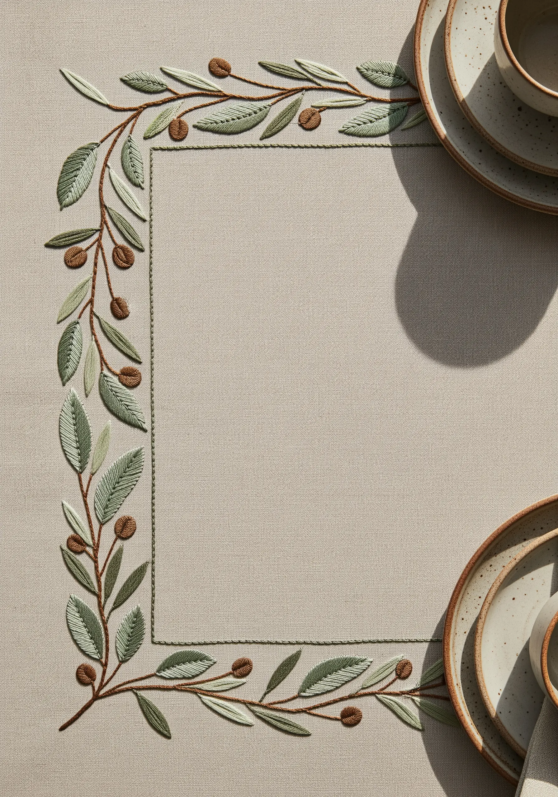 Olive branch embroidery framing a linen placemat with satin-stitched leaves and berries.