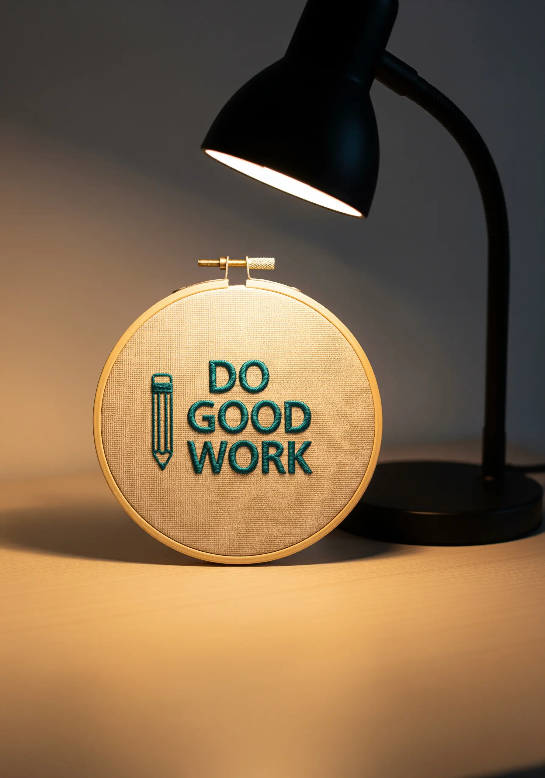 'DO GOOD WORK' embroidered in teal, framed by the outline of a pencil.