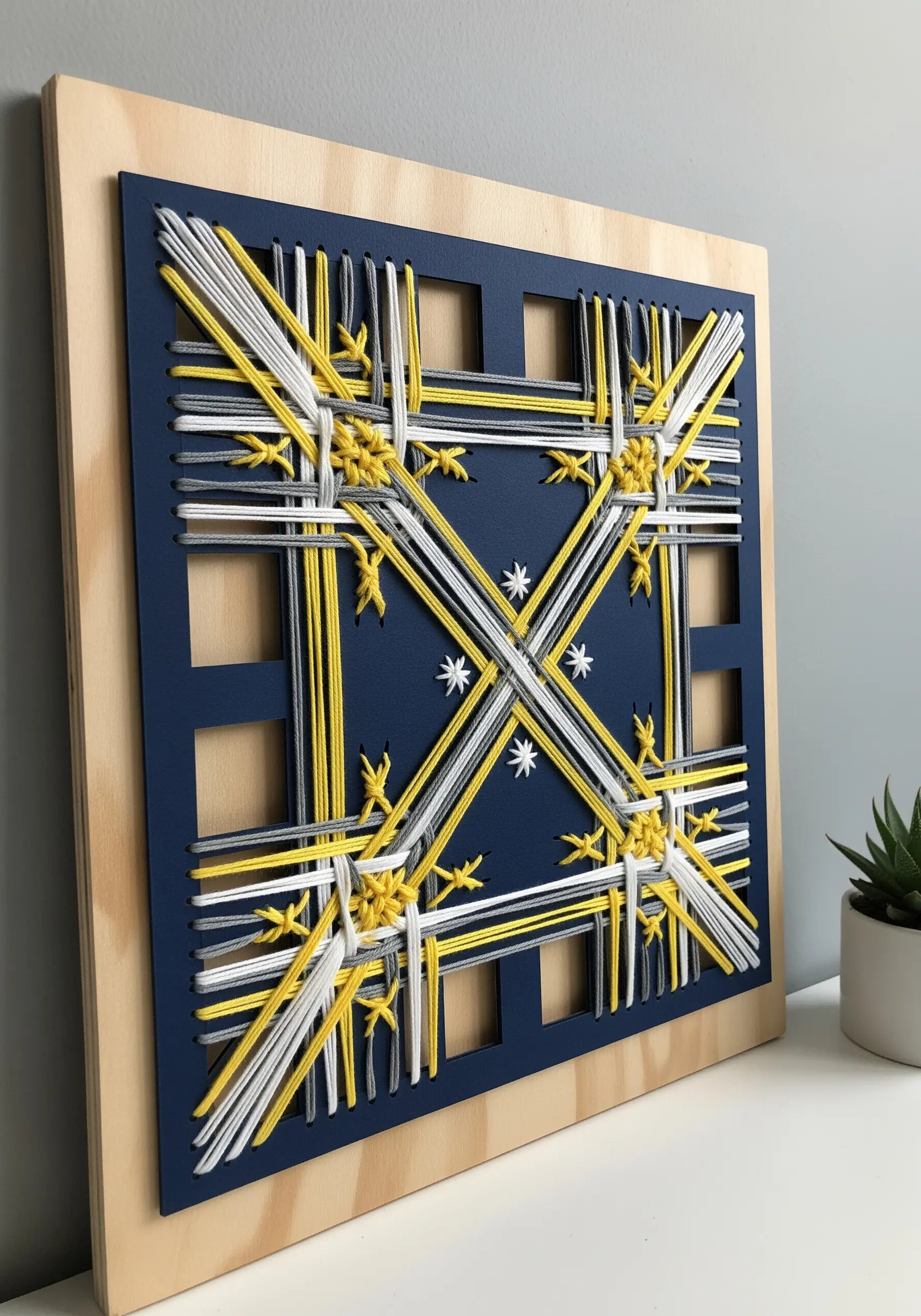 Geometric string art with yellow, white, and grey thread on a blue wood panel.