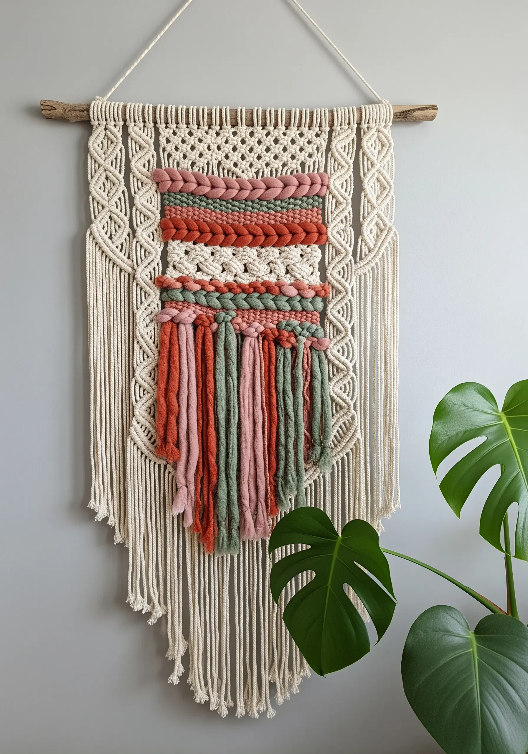 Macrame wall hanging with a central woven panel in dusty pink, rust, and green yarns.