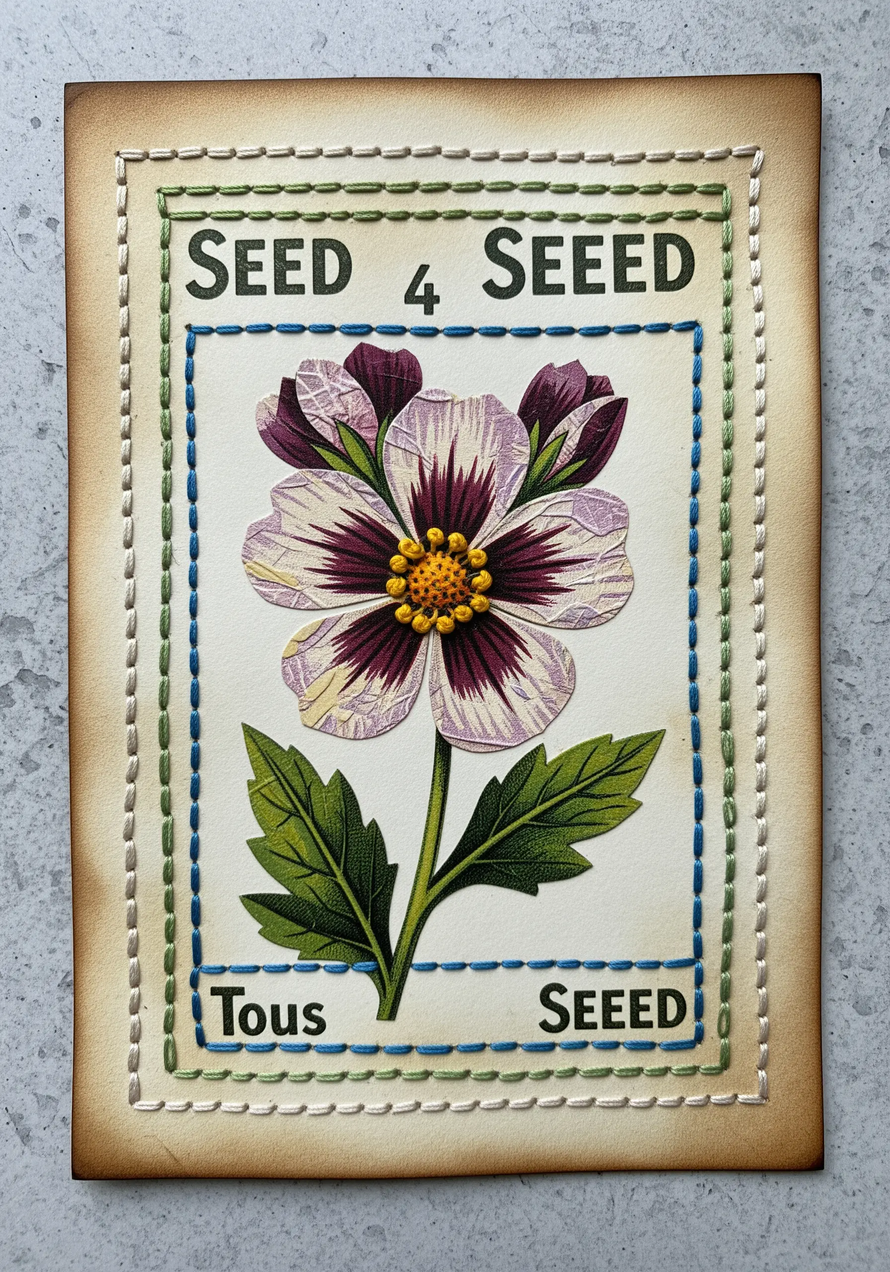 A vintage-style floral collage framed with a neat, two-color running stitch border.