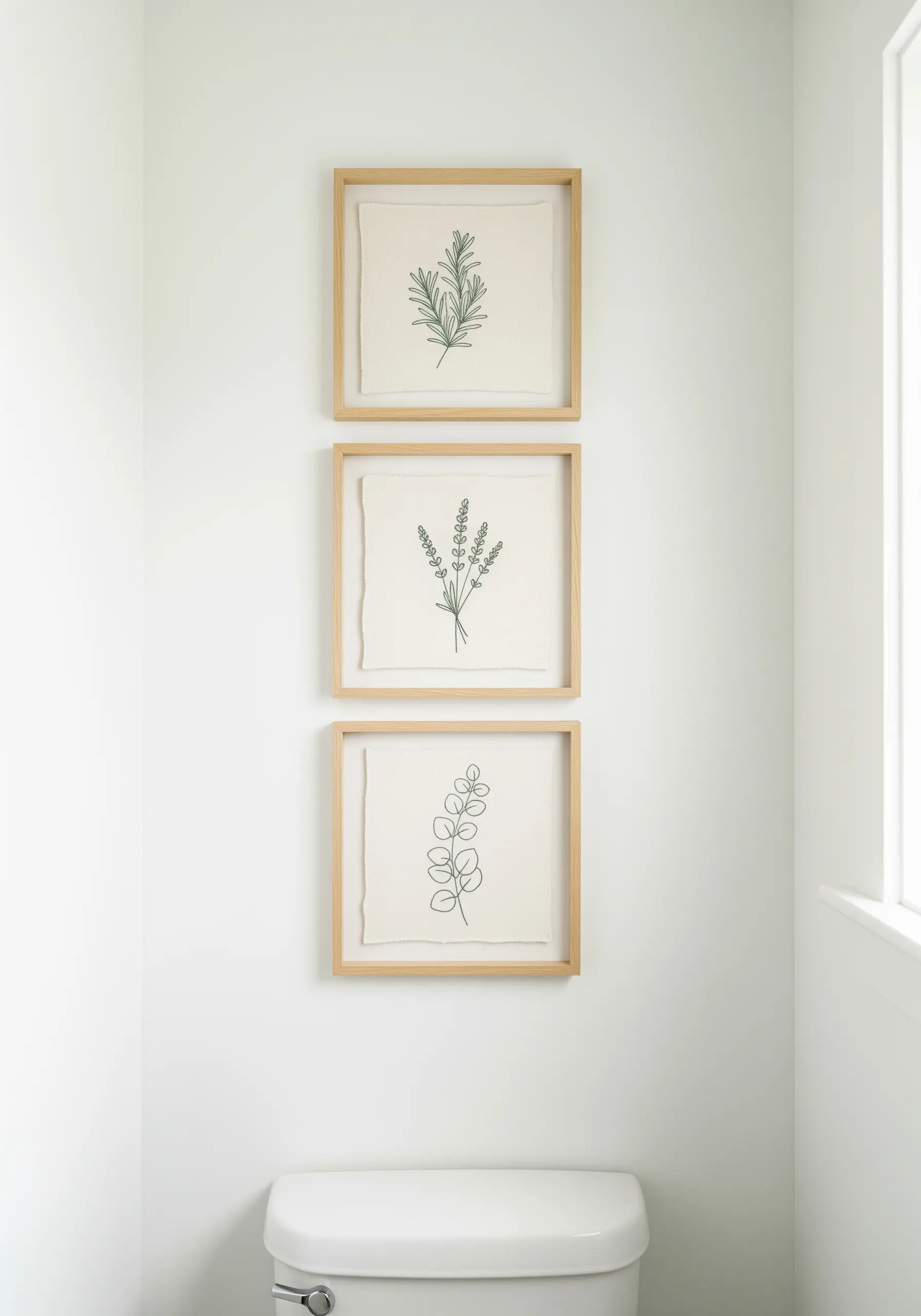 A trio of framed botanical embroideries on raw-edge fabric, hung vertically.
