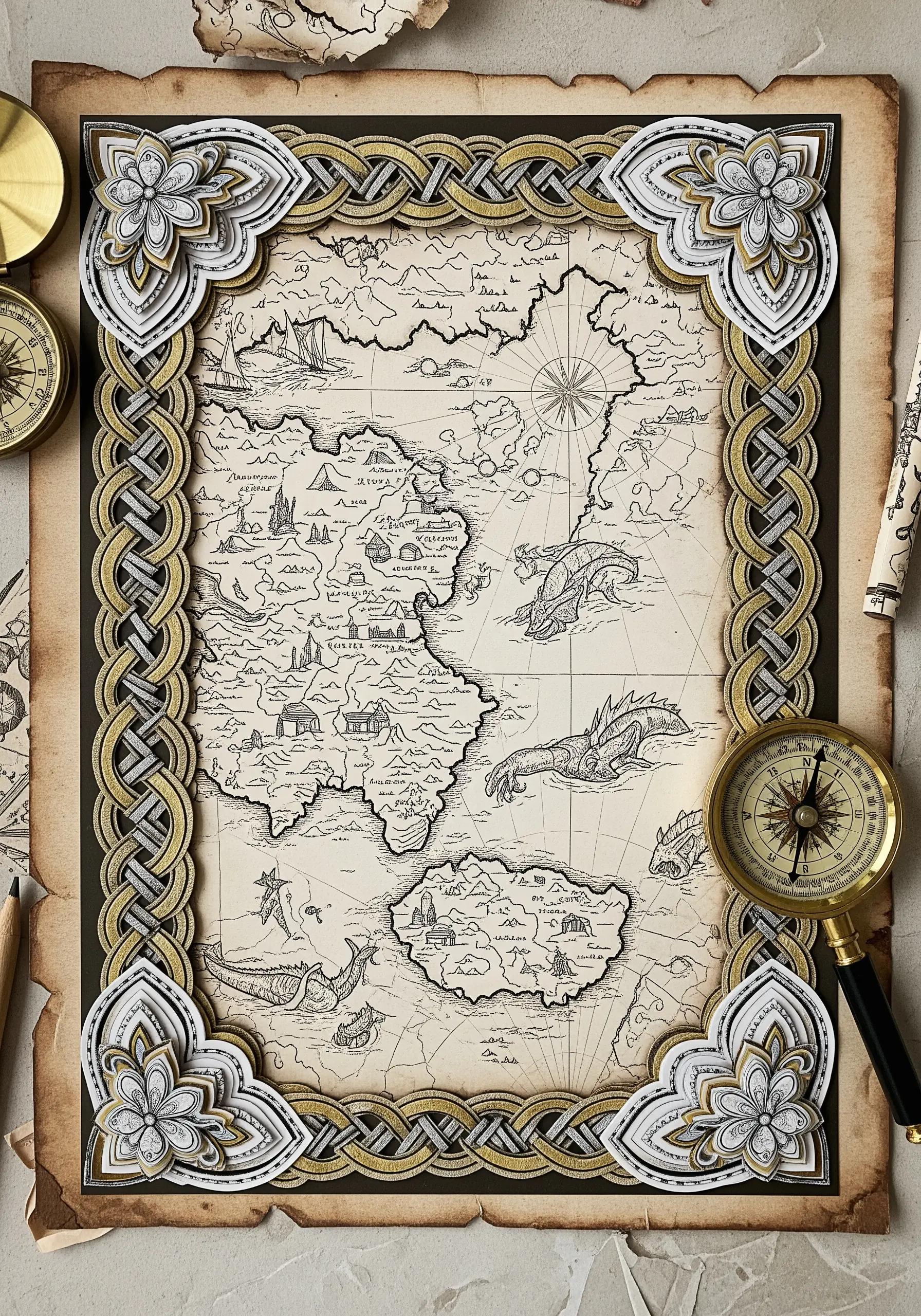 A fantasy map collage with an intricate, layered paper border in a Celtic knot style.