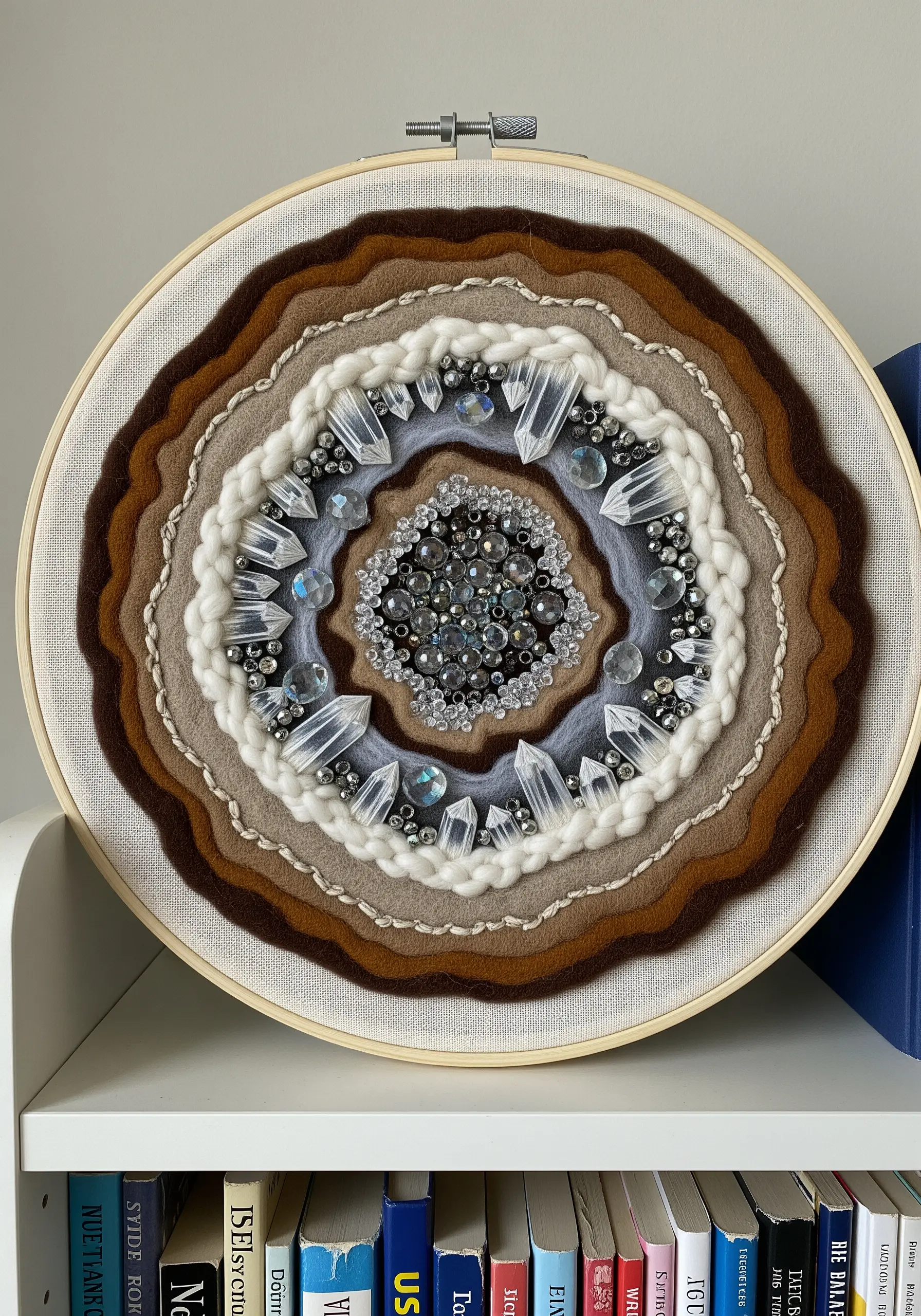 A round embroidery hoop filled with concentric layers of felt, yarn, beads, and crystals.