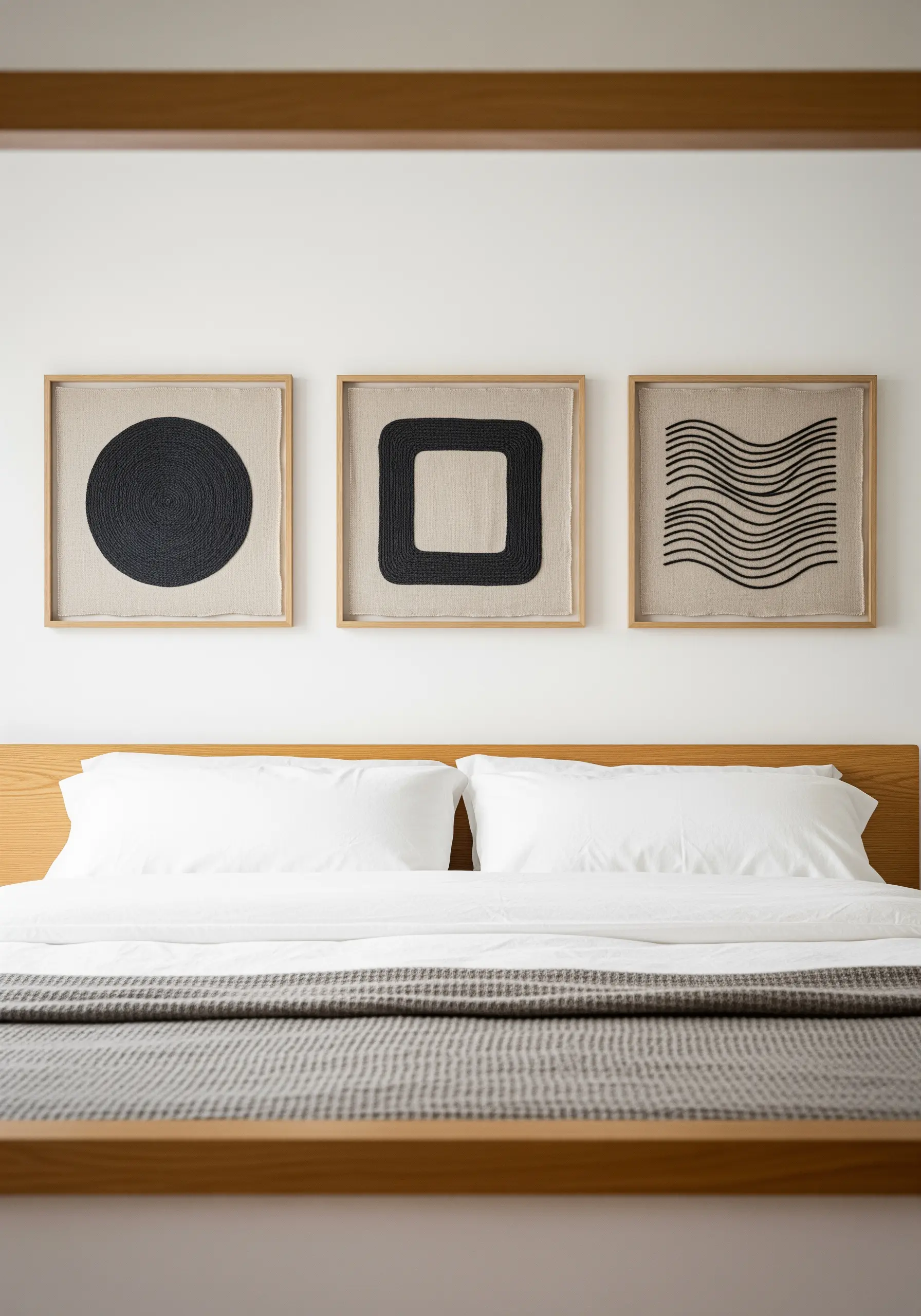 Three framed embroidery pieces with abstract shapes filled with dense black thread.