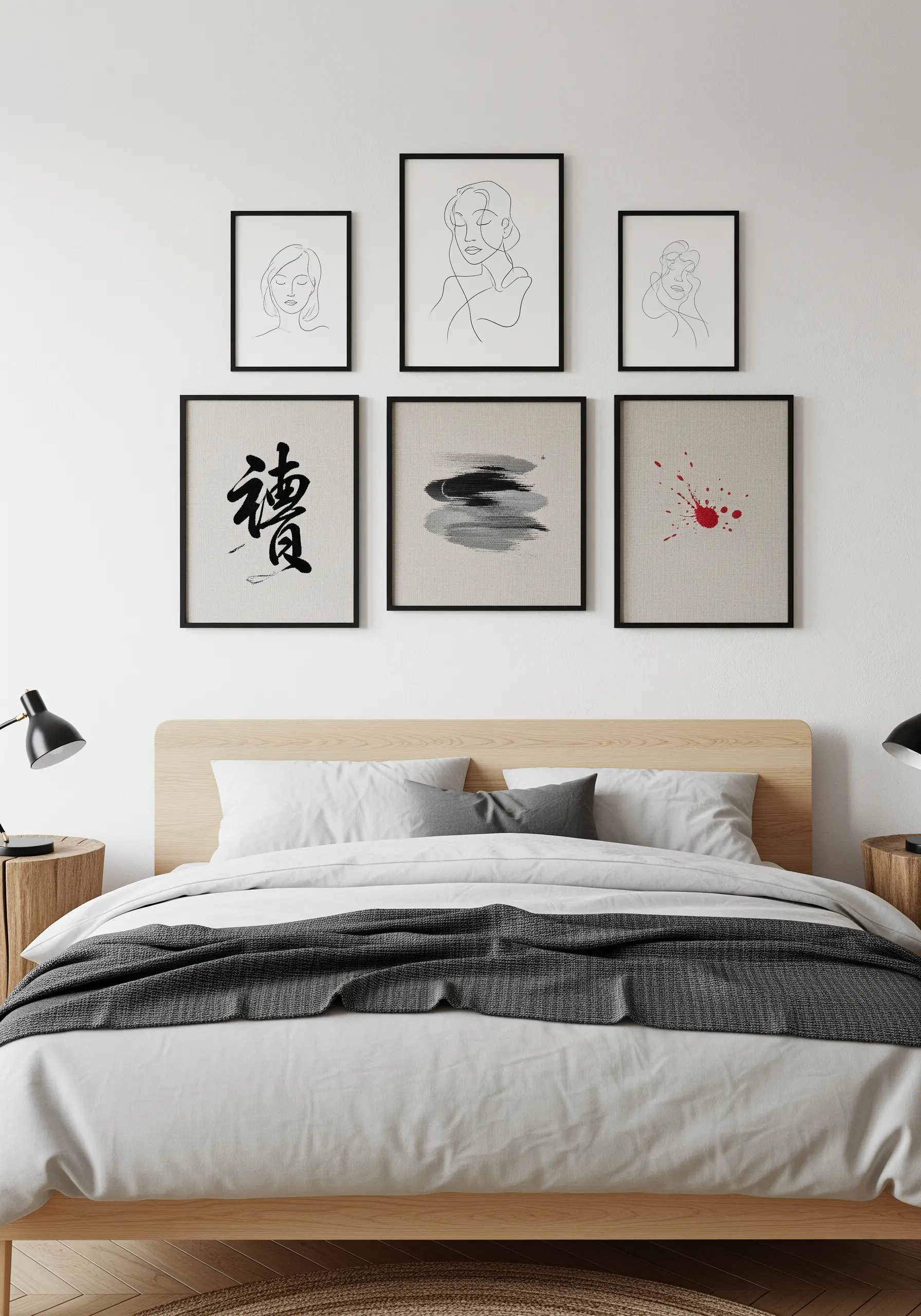 A gallery wall with framed minimalist embroidery, including line art and abstract marks.