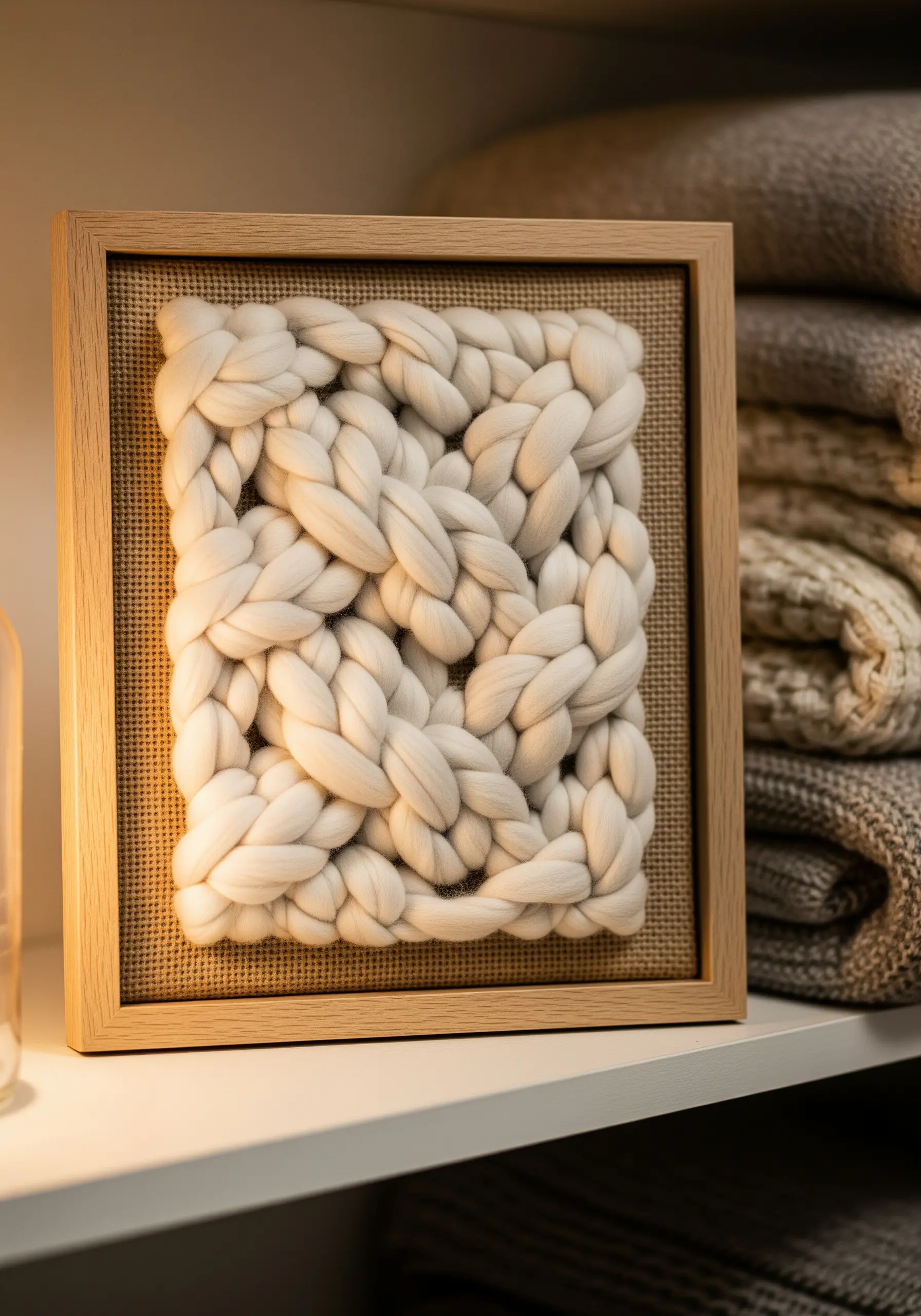 Framed chunky white wool woven into a cable-knit pattern.