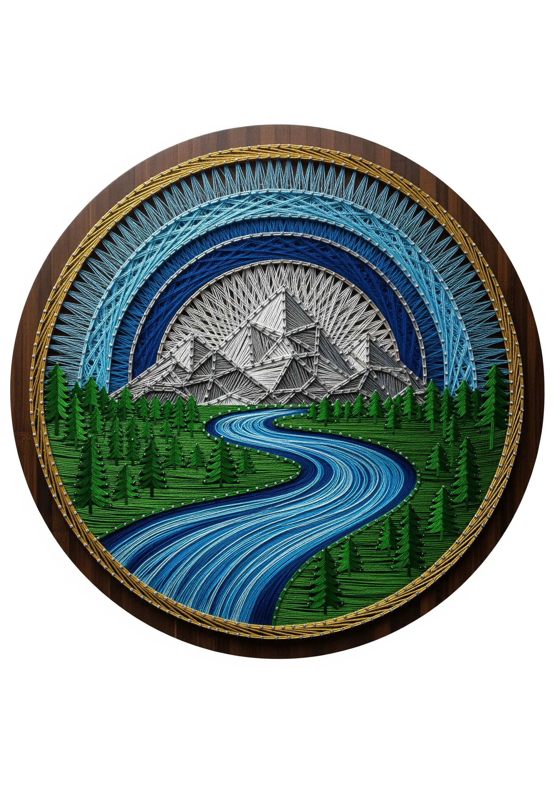 Circular framed string art of a mountain and river scene with an arched, multi-colored sky.