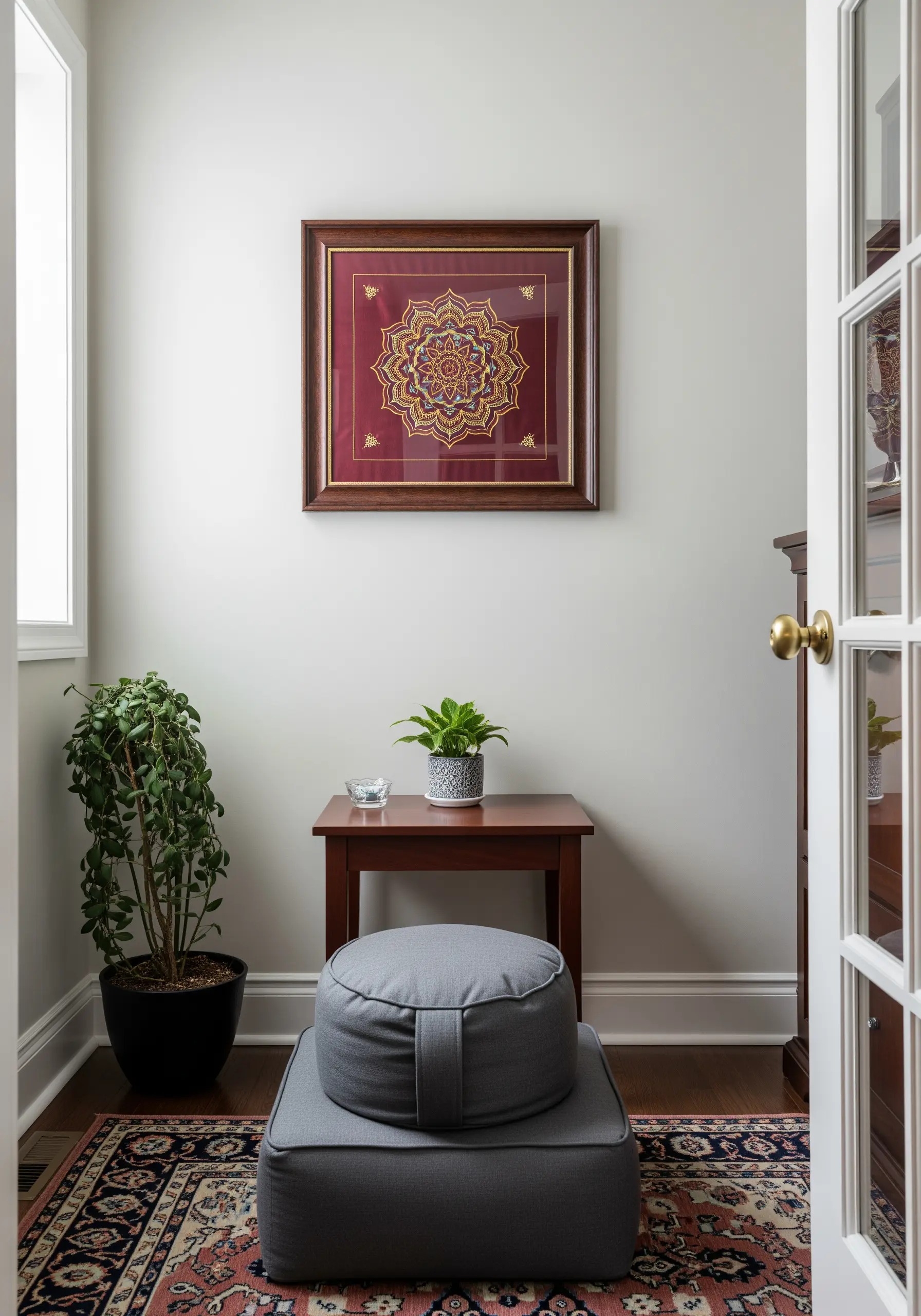 A detailed red and gold mandala professionally framed in dark wood.