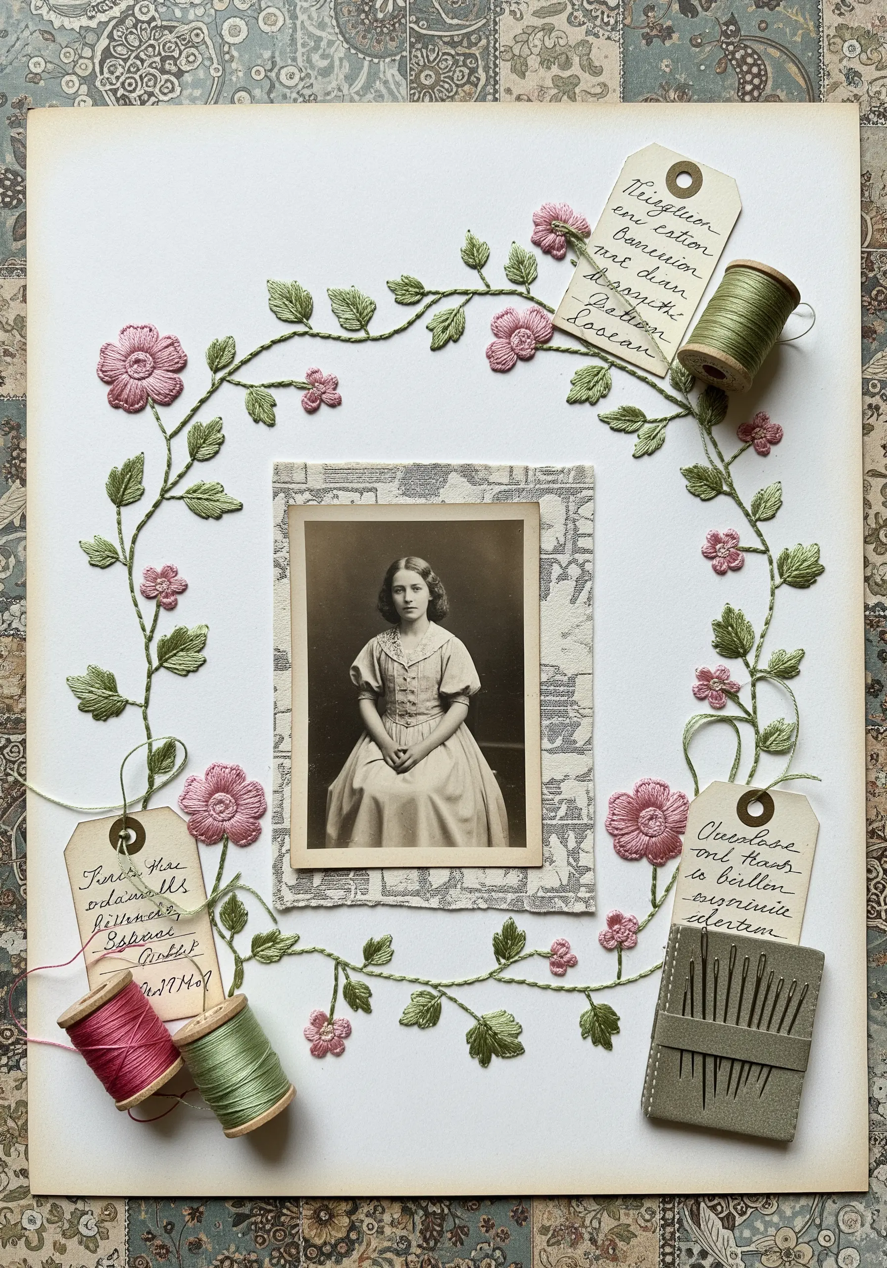 Vintage photograph on a scrapbook page framed with a hand-stitched floral vine.