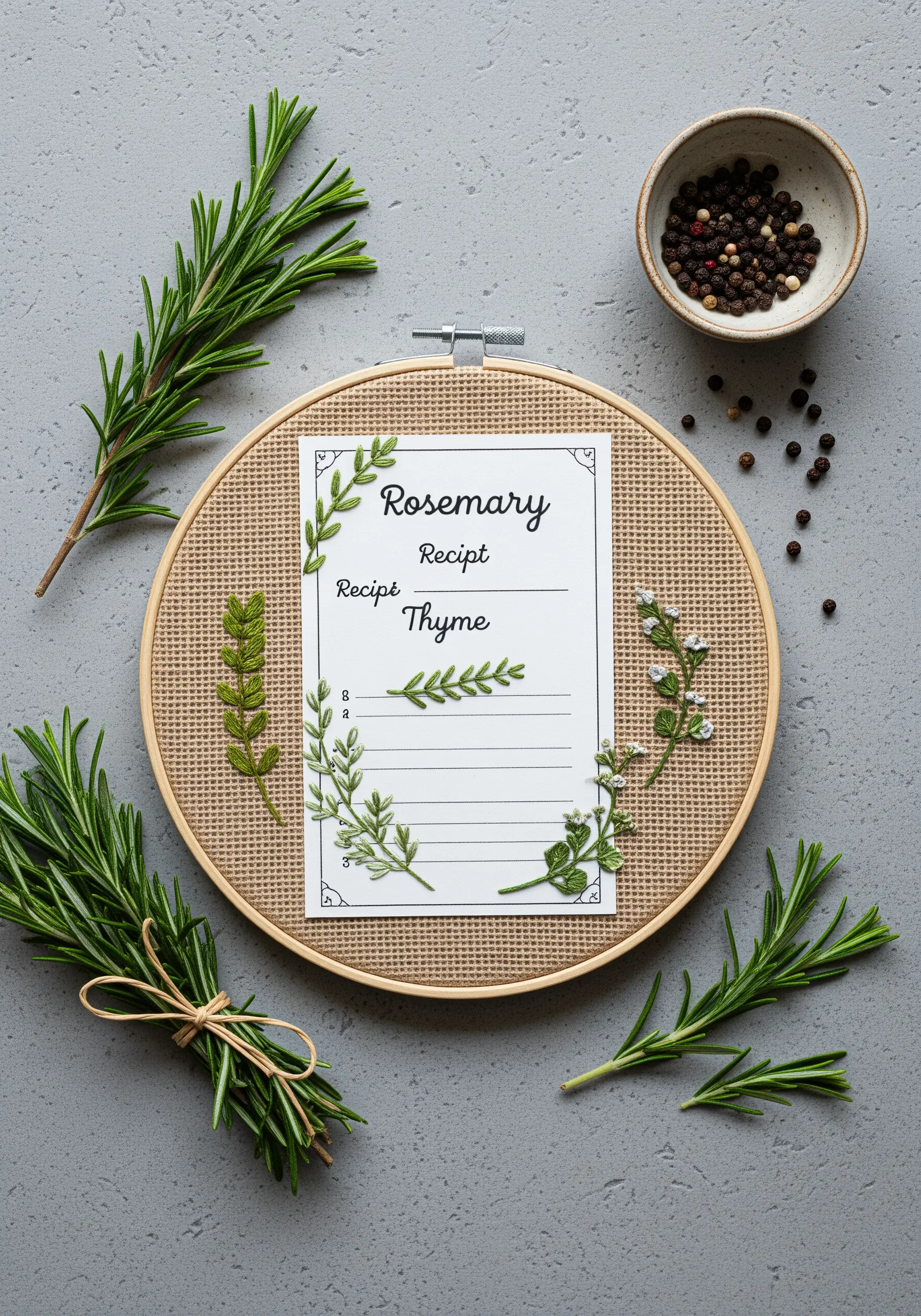 An embroidered recipe card holder with rosemary motifs stitched on Aida cloth.