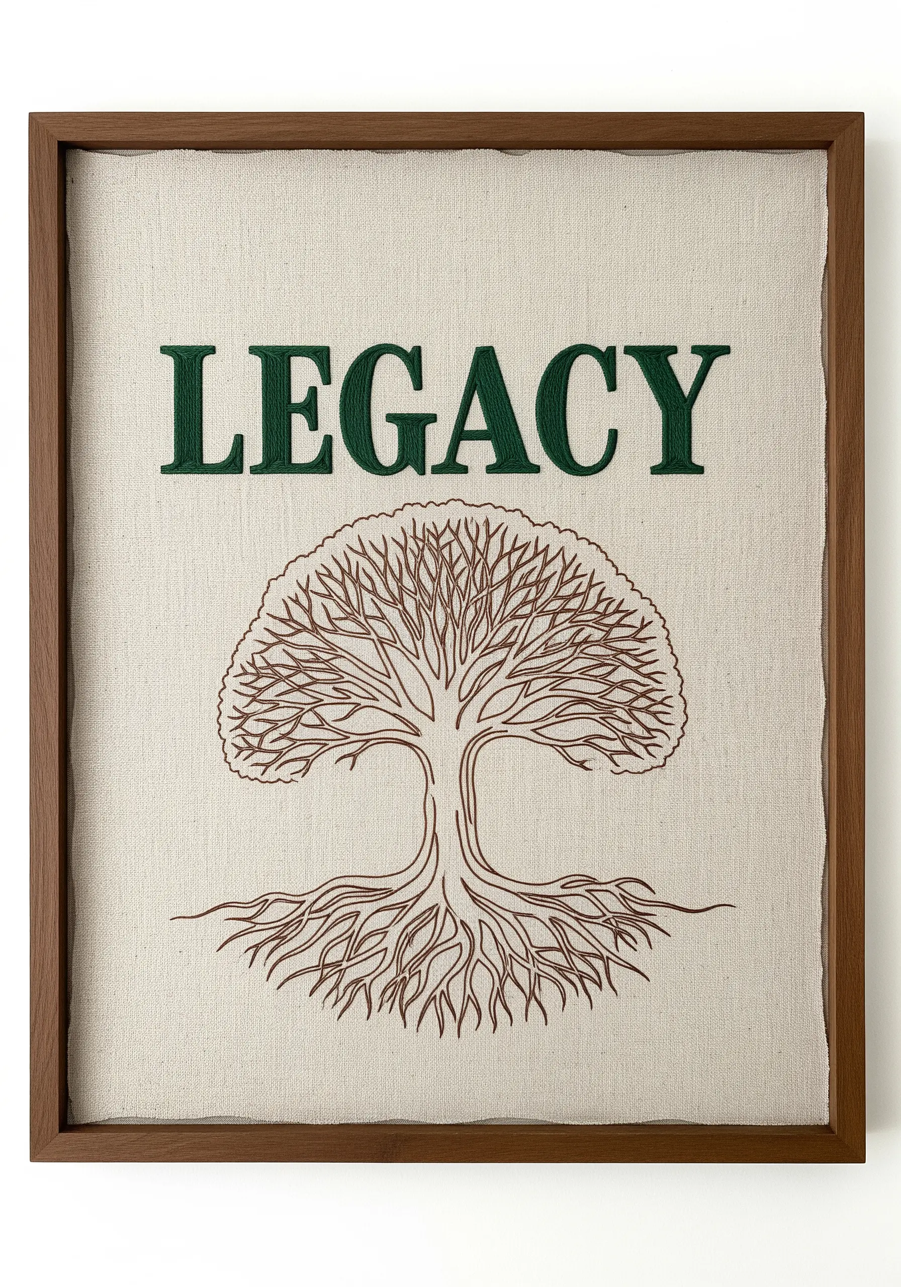 A detailed tree of life embroidery with the word 'legacy' in a deep wooden frame
