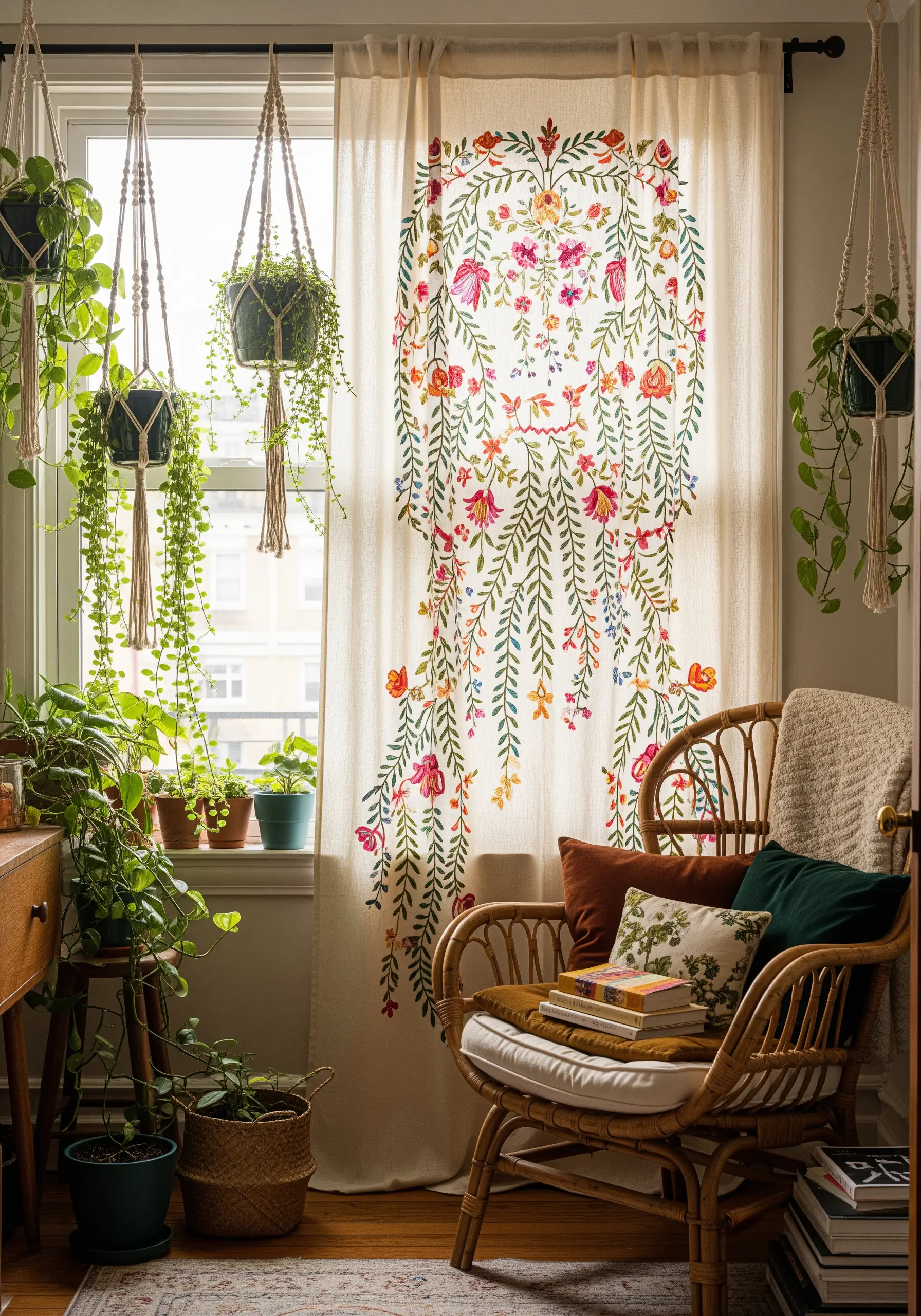 Colorful bohemian-style floral embroidery cascading down a linen curtain panel.