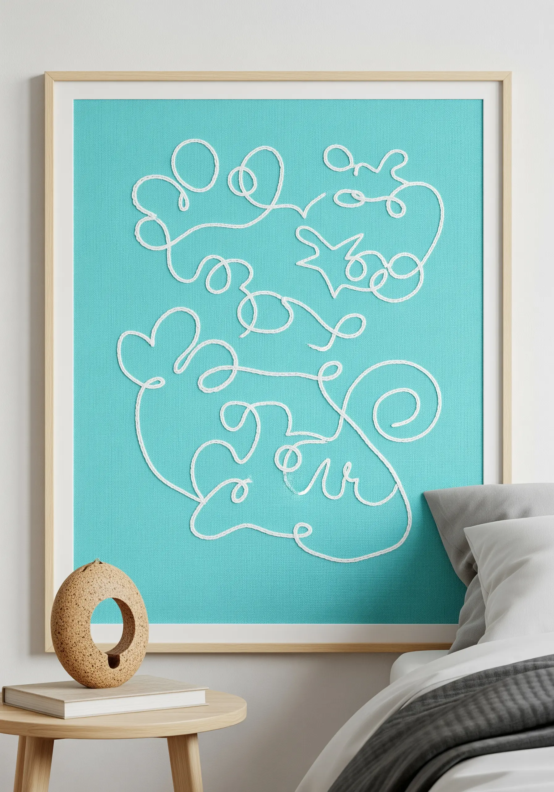 Framed artwork with a single white yarn couched into an abstract, script-like pattern on turquoise fabric.
