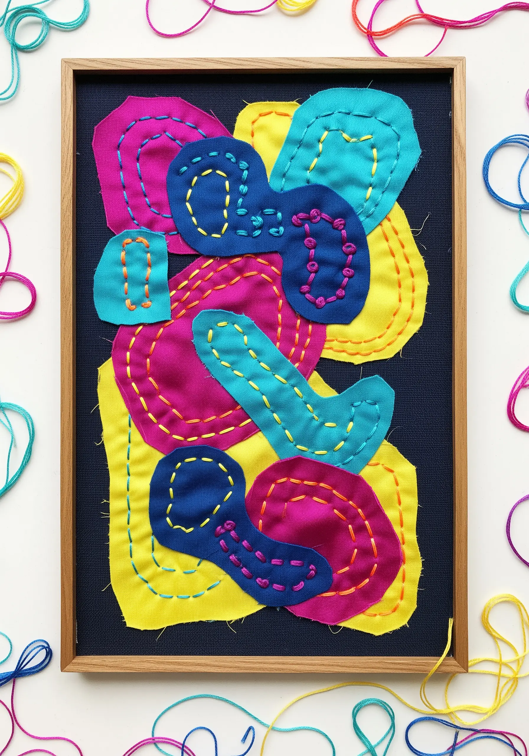 Abstract, multi-layered fabric collage with colorful, expressive running stitches.