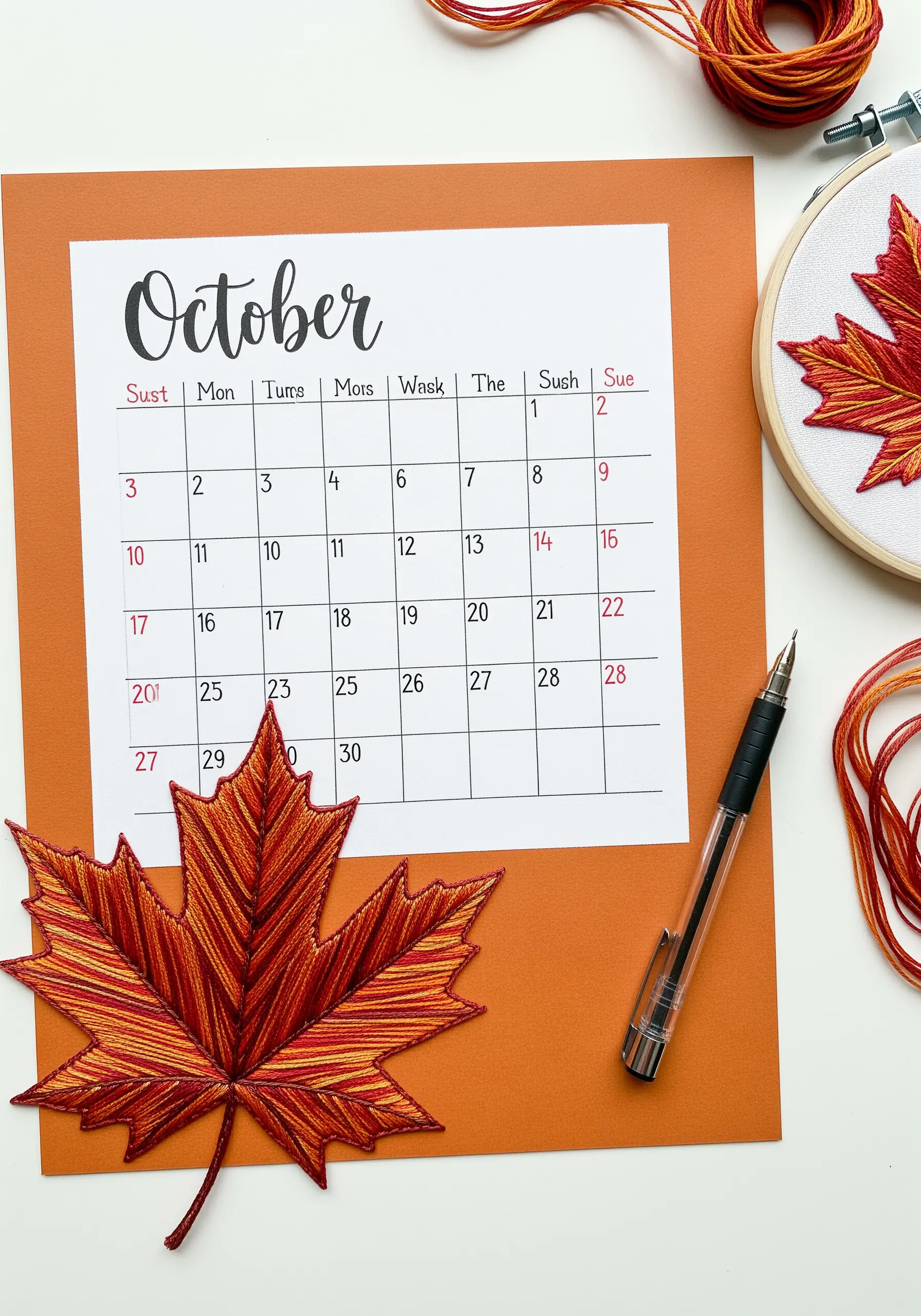 A realistic, thread-painted autumn leaf made of embroidery, placed on a calendar.