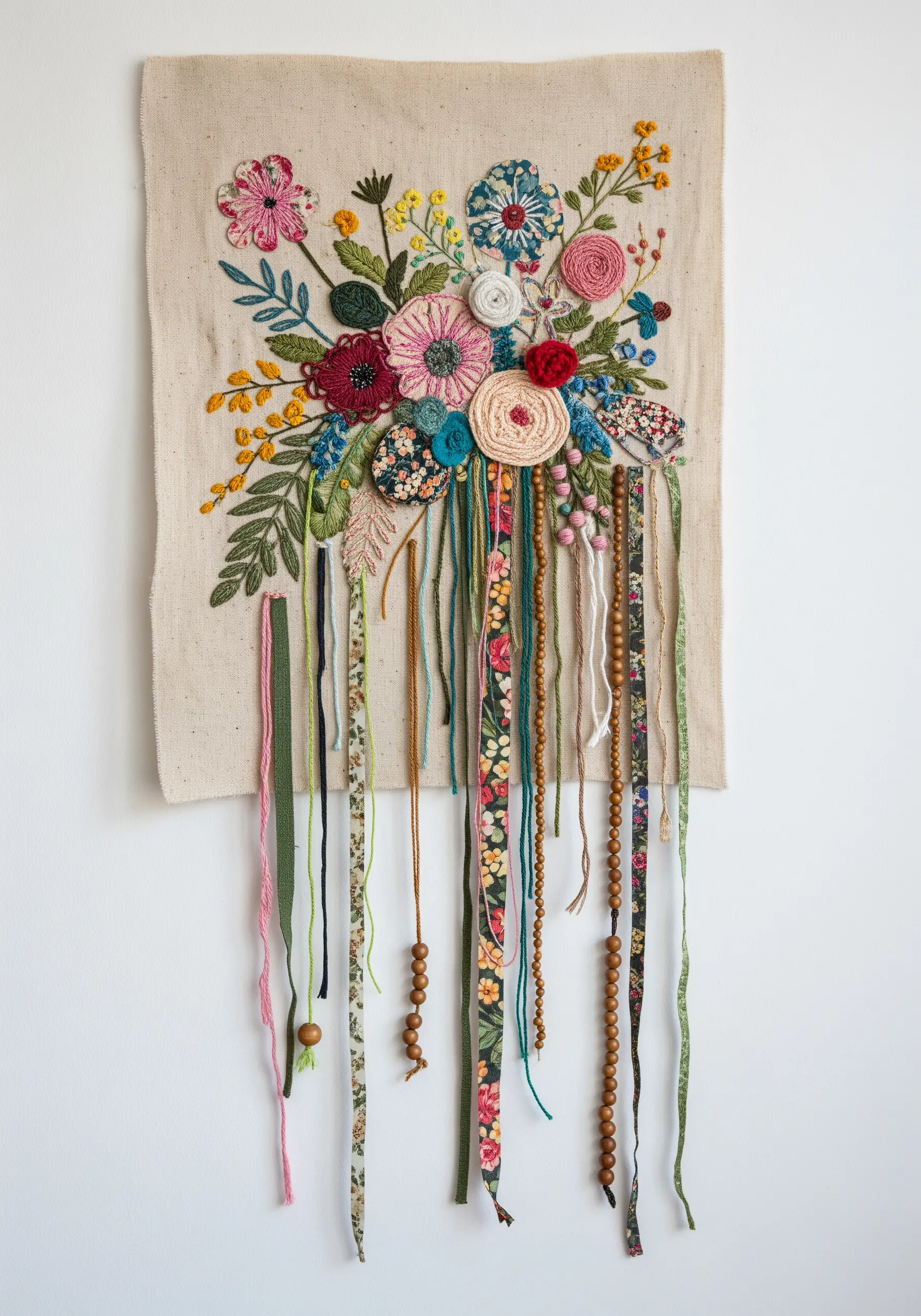 A mixed-media floral bouquet wall hanging with fabric appliqué, beads, and dangling ribbons.