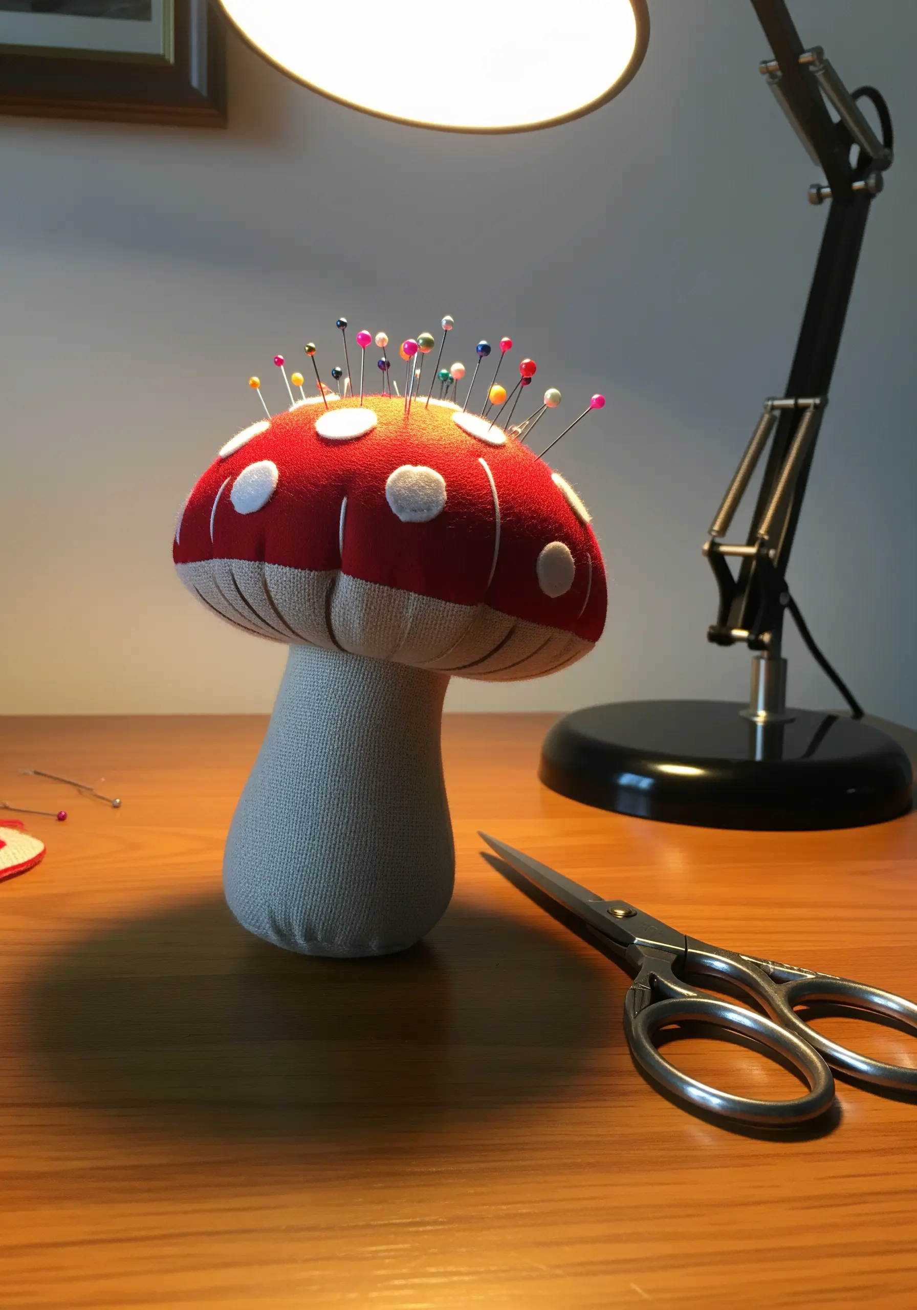 A toadstool mushroom pincushion with a red and white polka-dotted cap.