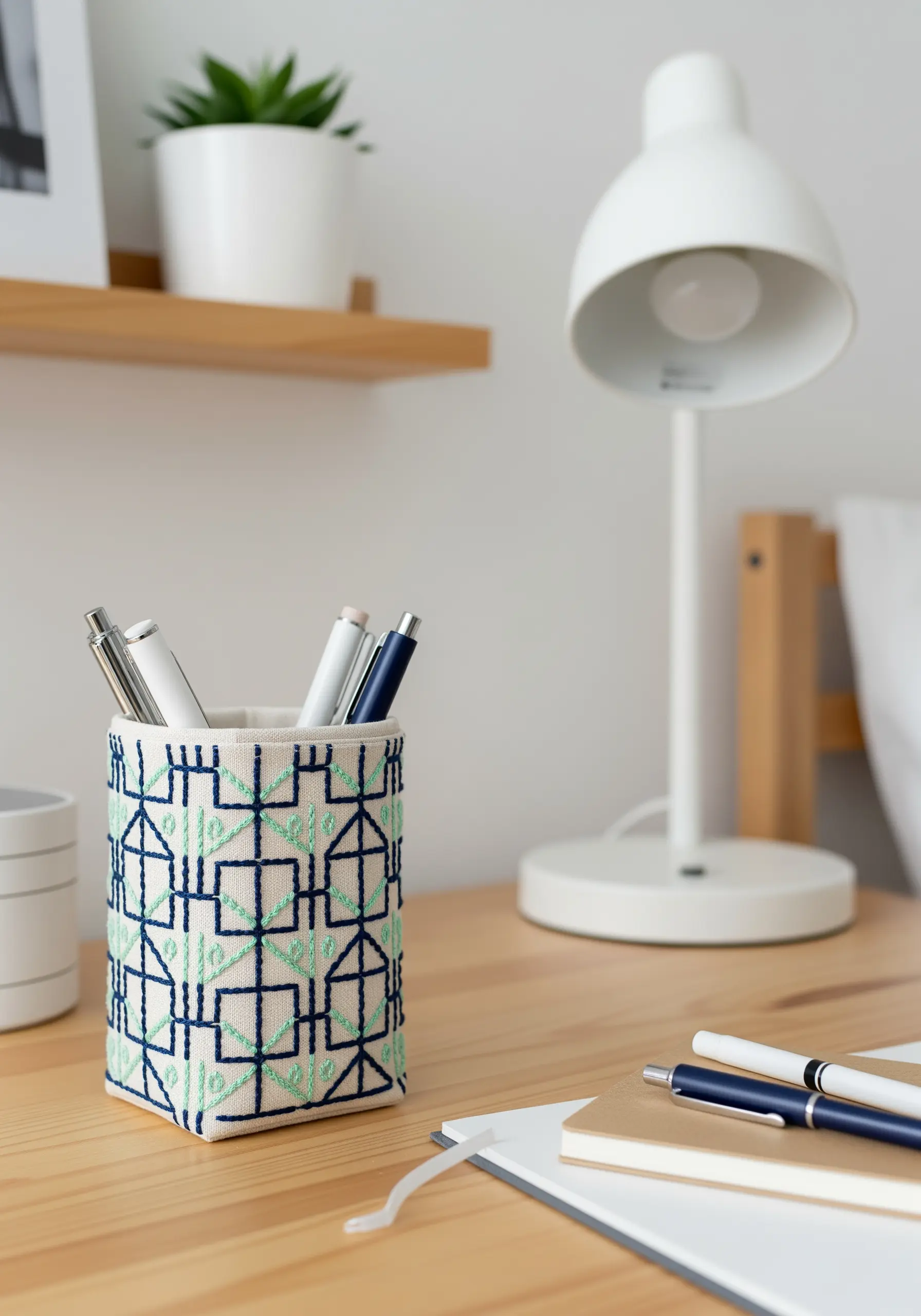 Geometric backstitch pattern in two colors on a structured fabric pen holder.