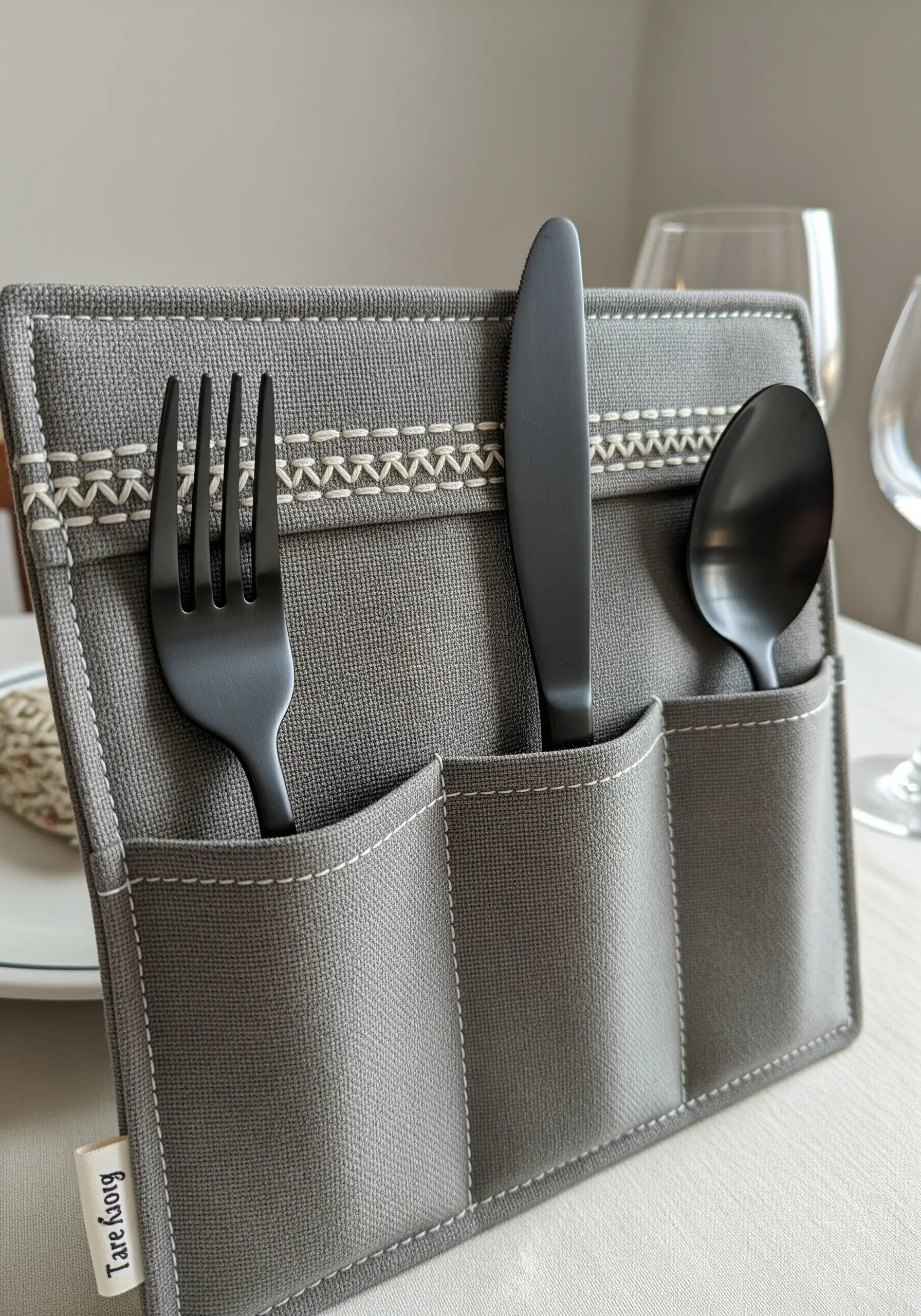 Grey canvas cutlery holder with decorative white stitching along the top edge.