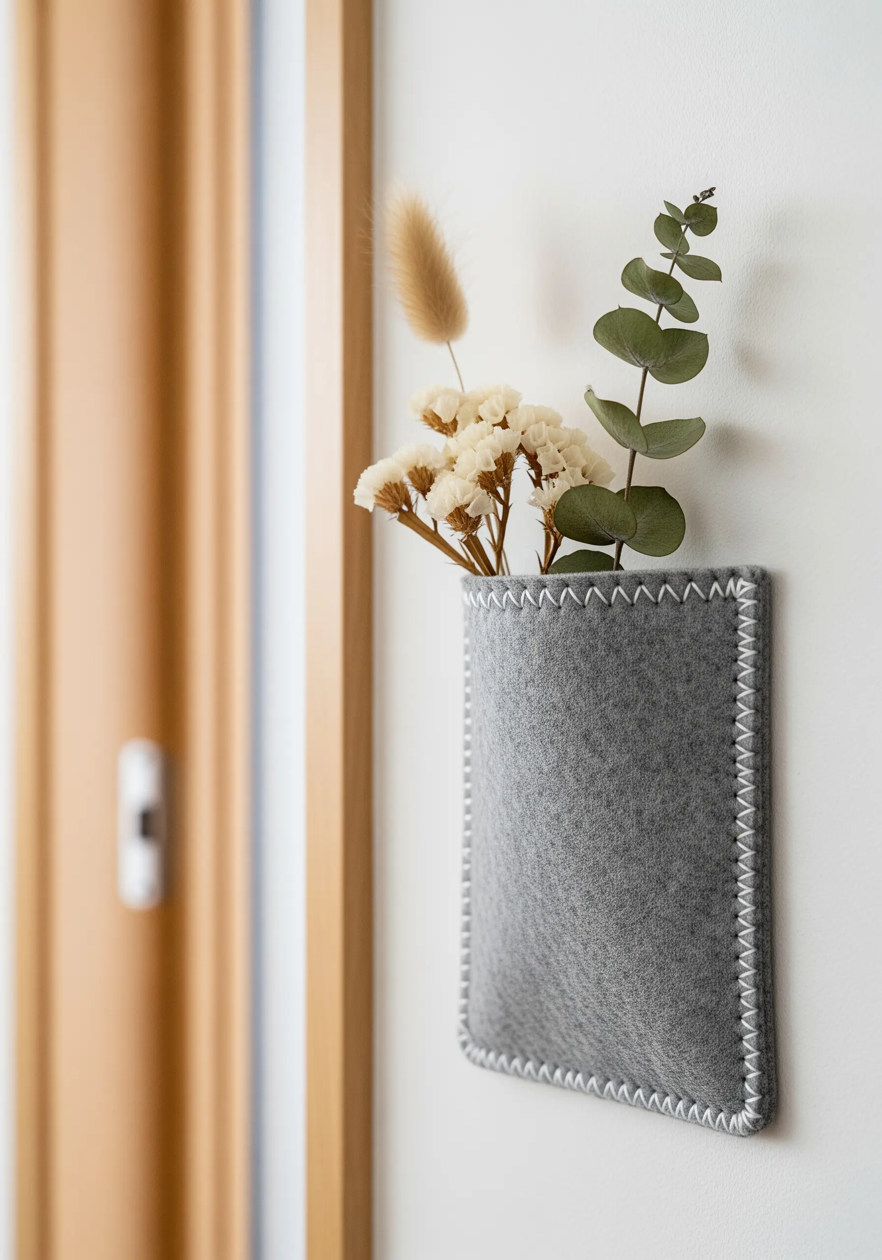 A grey felt wall pocket for dried flowers, assembled with a white blanket stitch border.