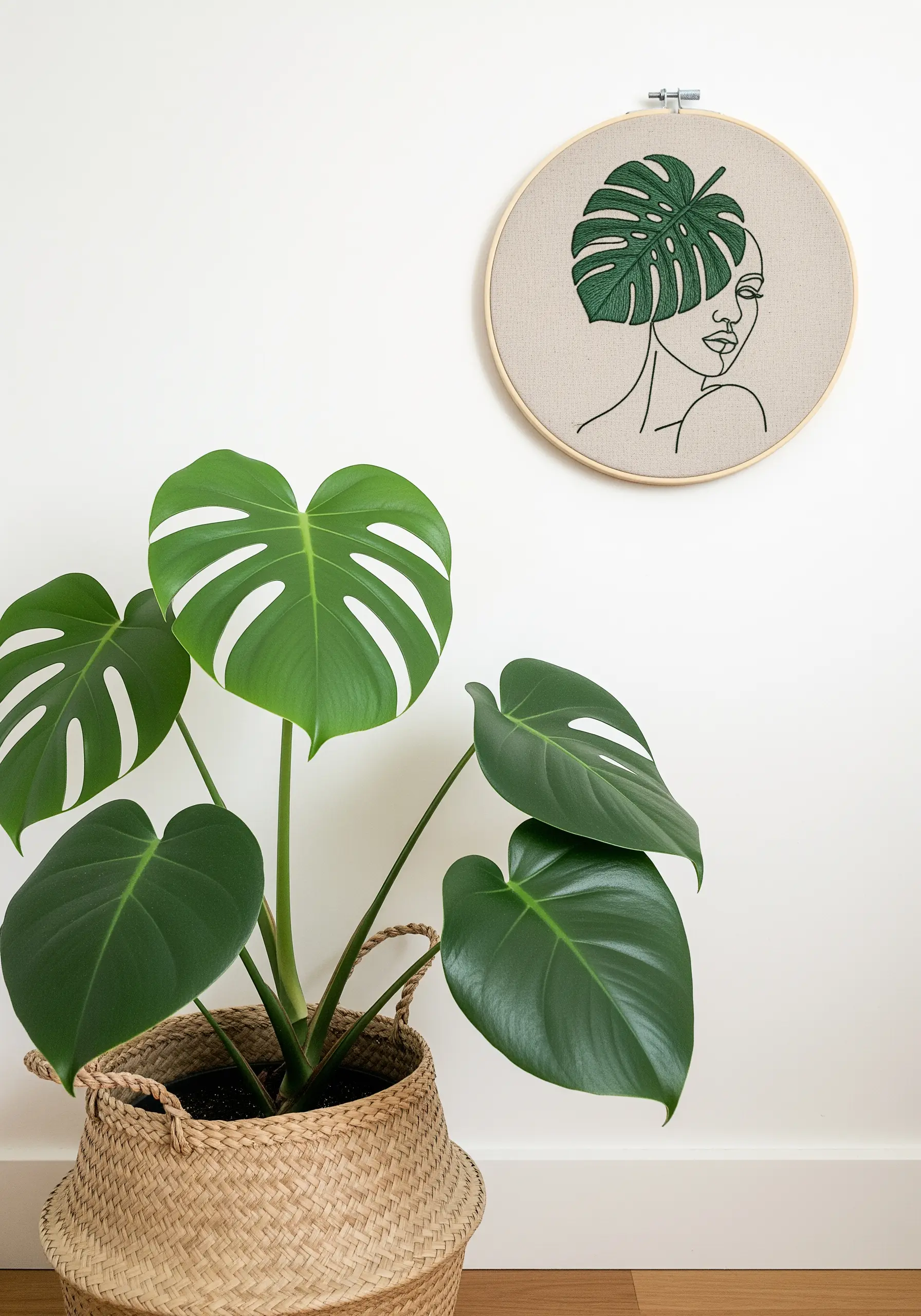 A line art portrait where the hair is a fully embroidered green Monstera leaf.