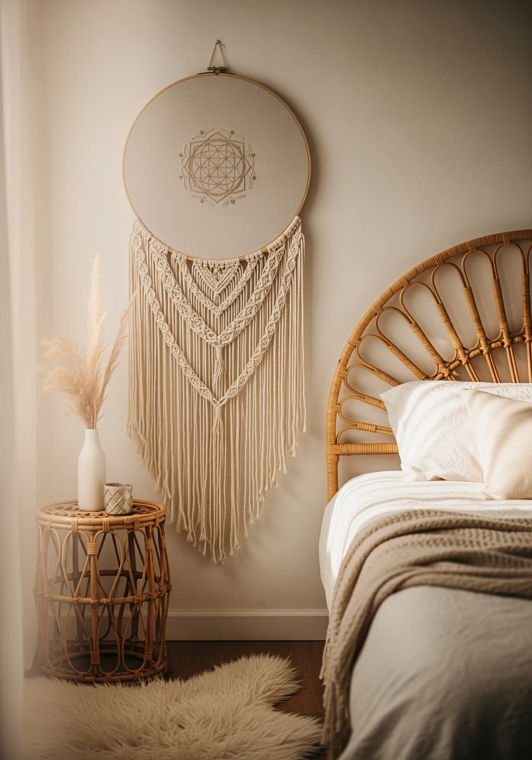A large embroidery hoop with a central mandala pattern and a flowing macrame tail.