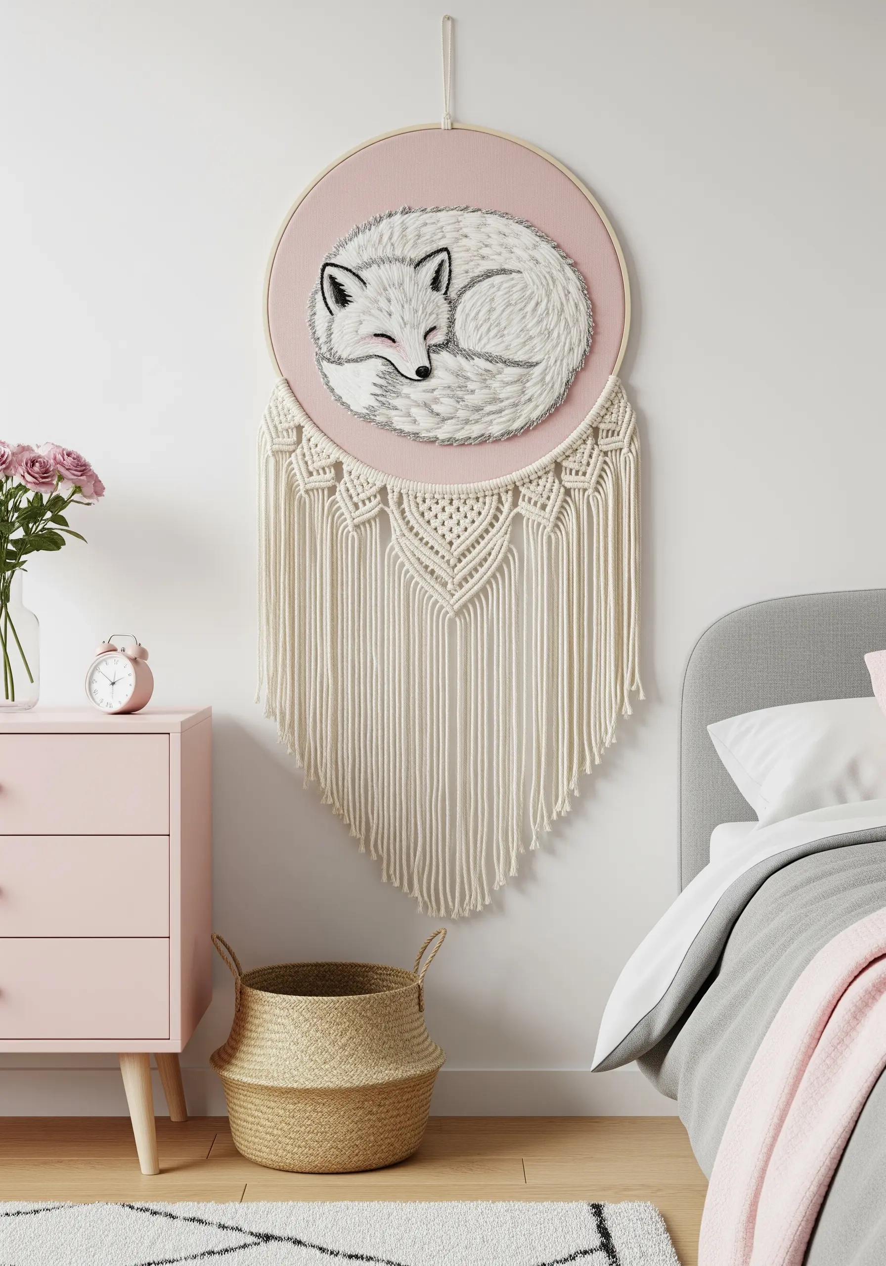 An embroidered sleeping arctic fox in a pink hoop with a white macrame tail hanging below.