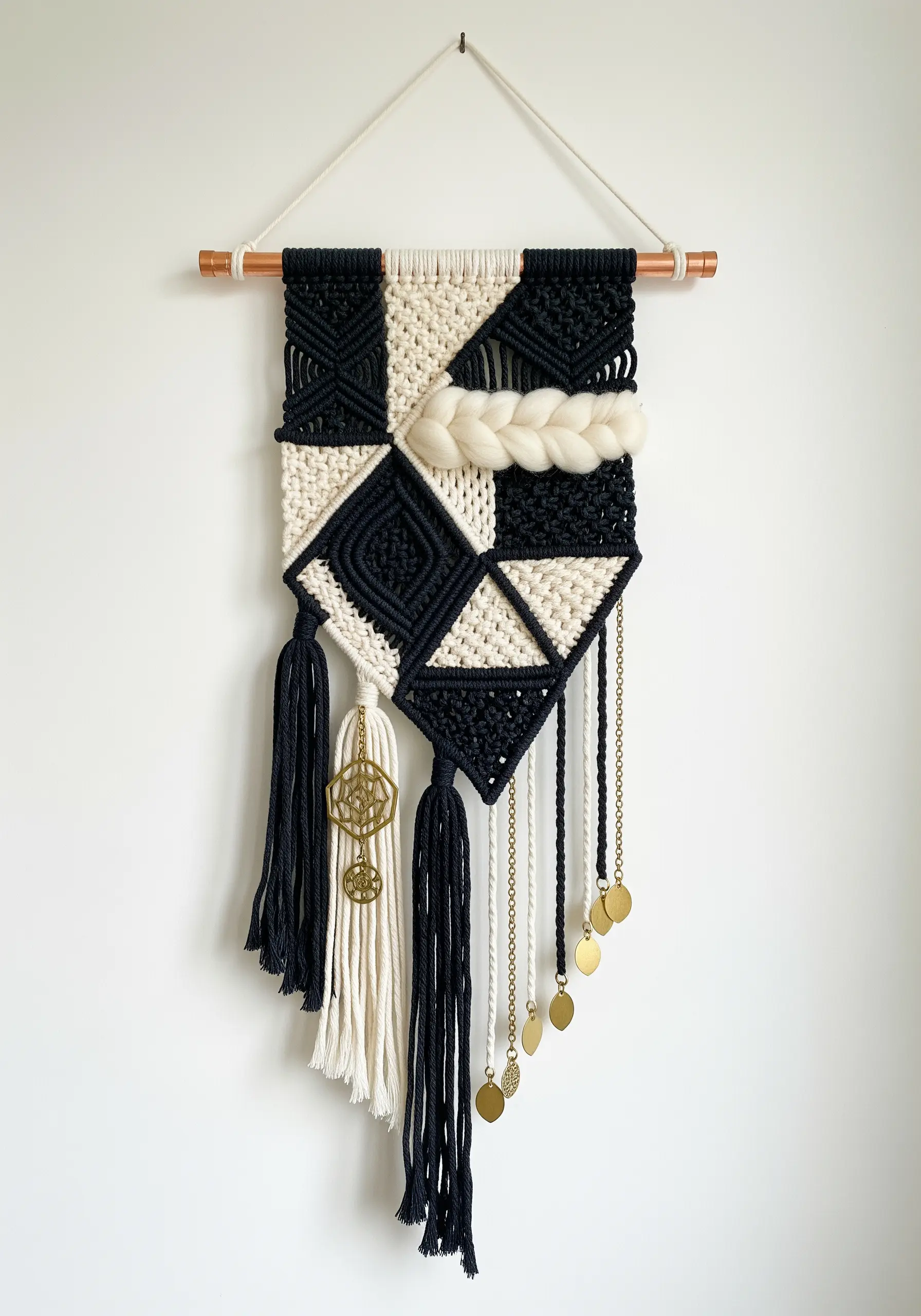 A black and white macrame wall hanging with woven sections and gold accents.