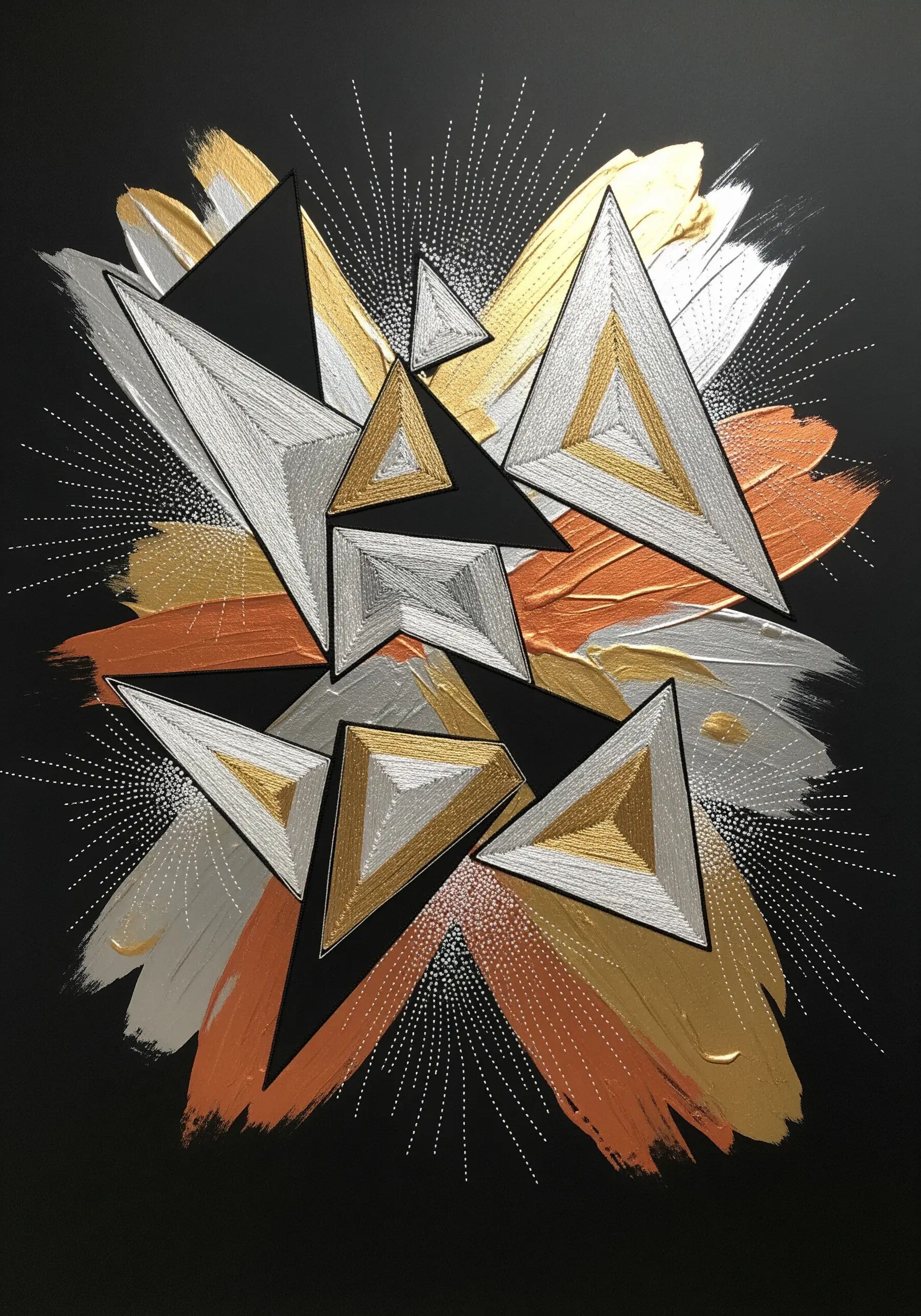 Abstract art with metallic paint strokes, overlaid with geometric triangles filled with silver and gold thread.