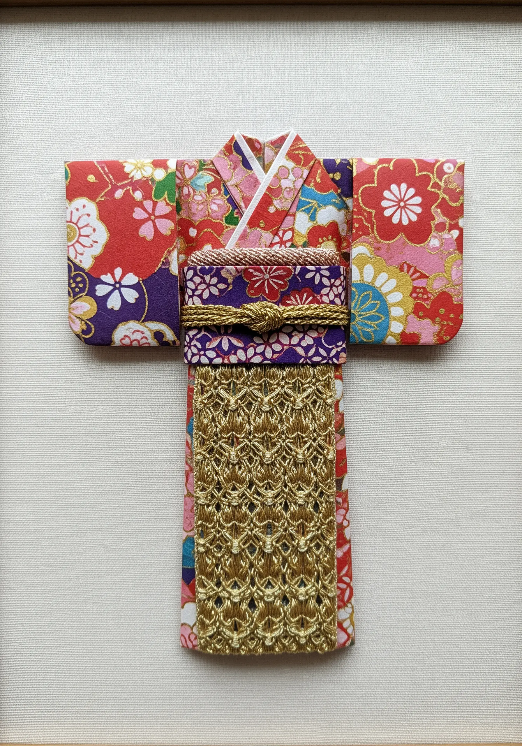 A folded paper origami kimono with a richly detailed goldwork embroidery sash.