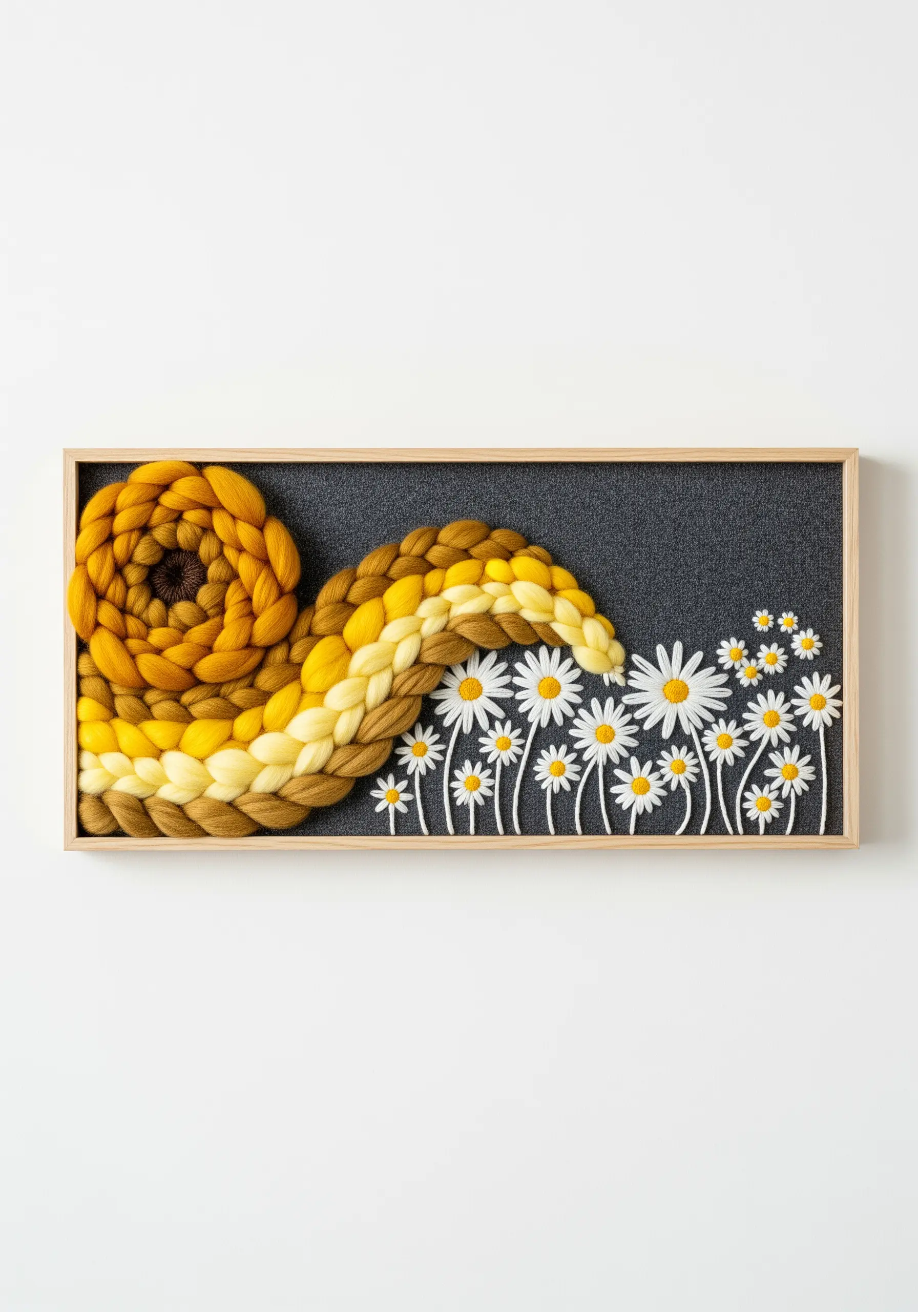 A mixed-media wall hanging with a thick woven yarn swirl and small embroidered daisies.