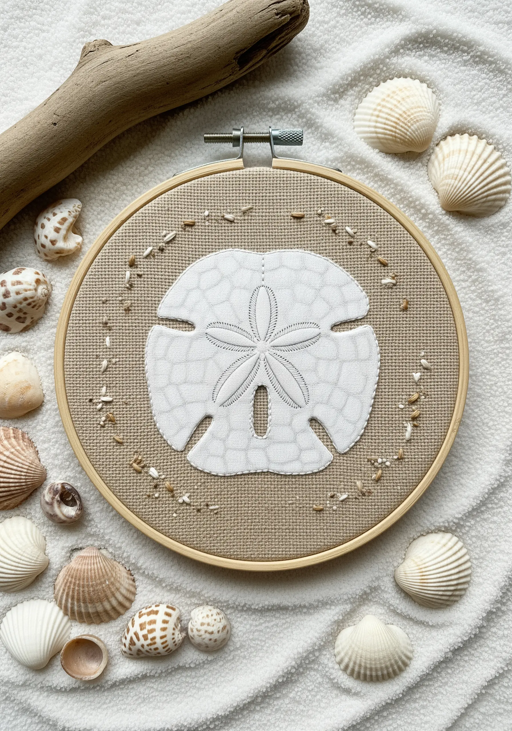 Sand dollar embroidery combining fabric appliqué with simple backstitch details.