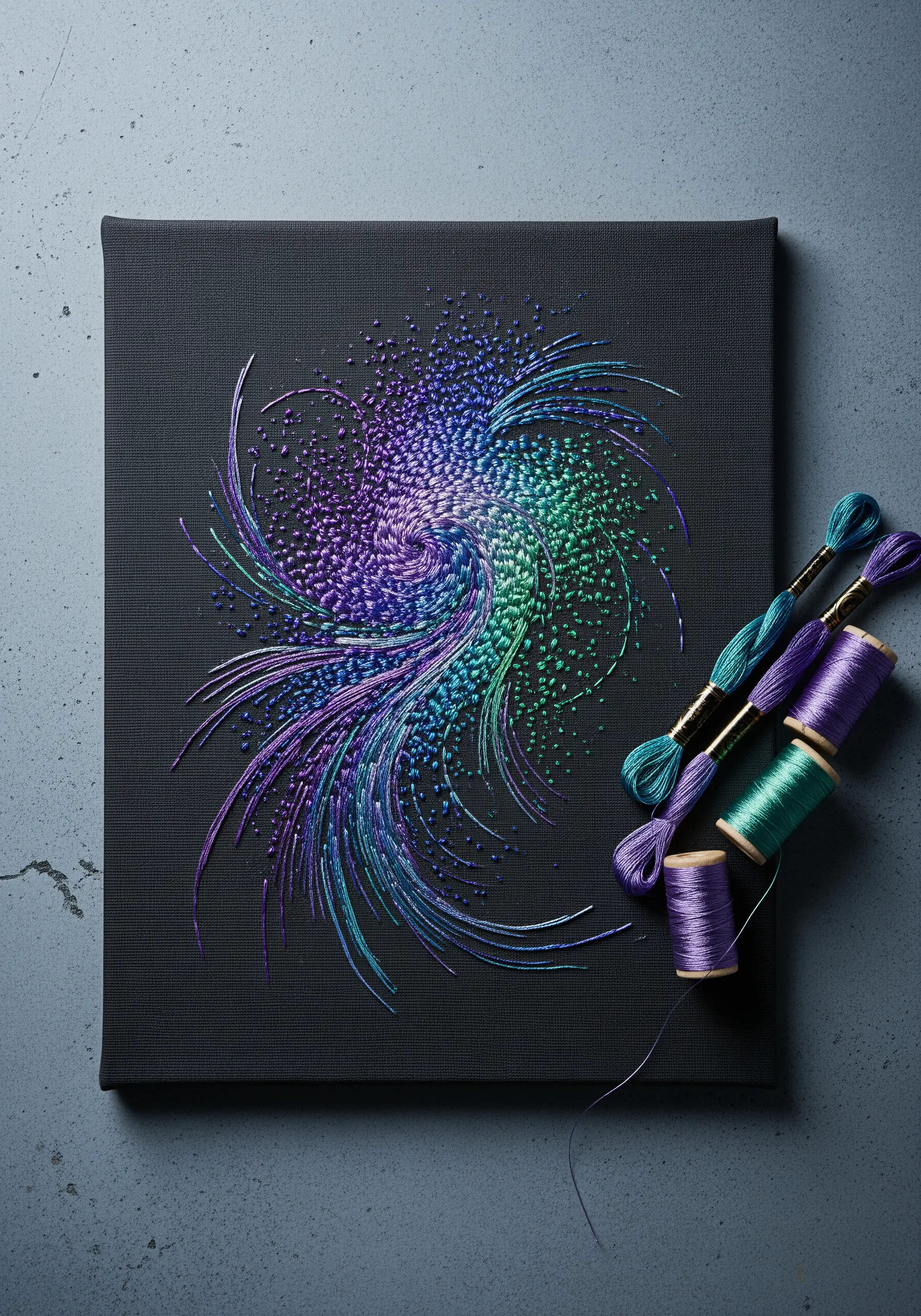 A swirling nebula of metallic French knots in purple, green, and teal on black canvas.