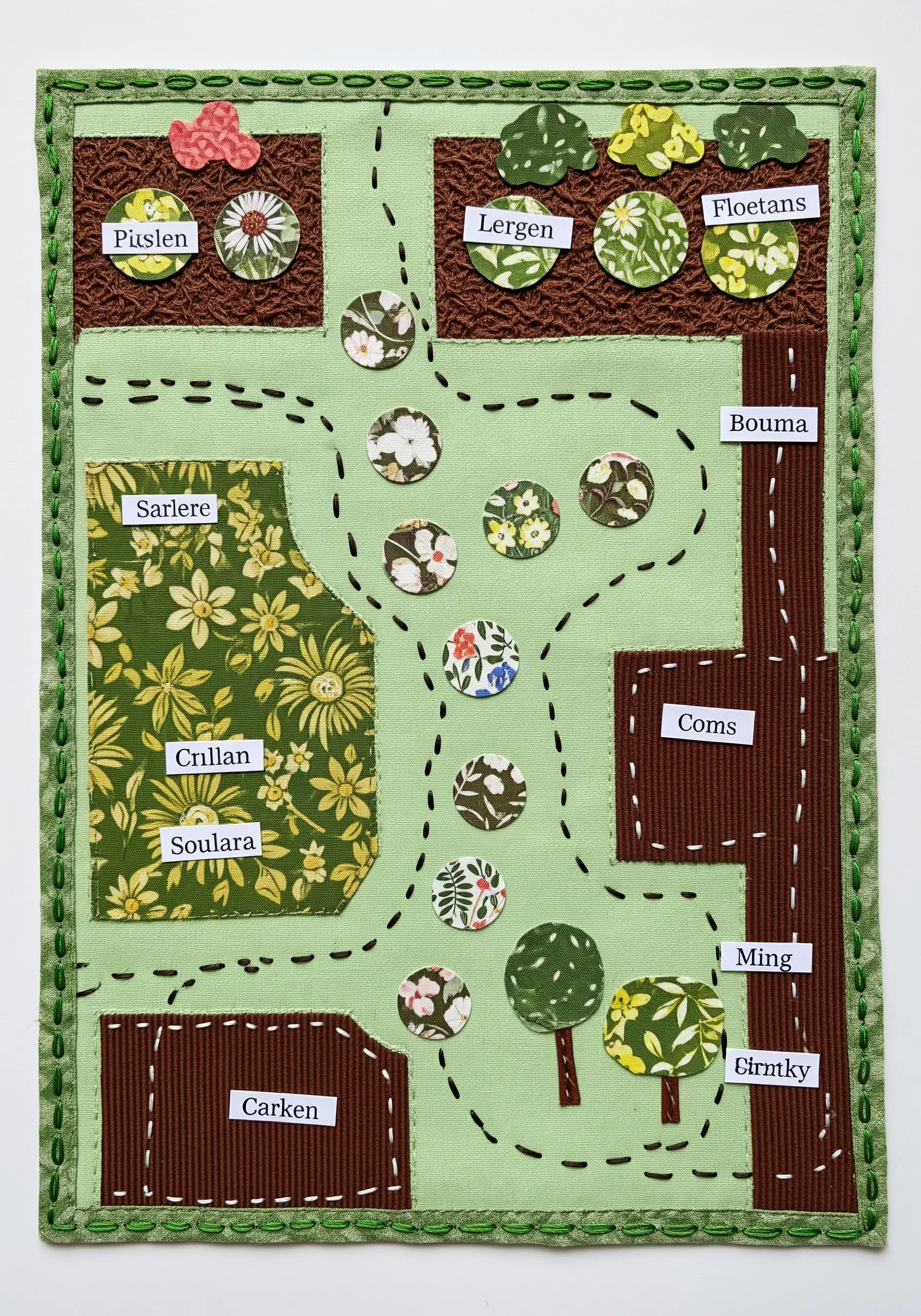A fabric collage designed like a garden map, with running stitches as pathways.